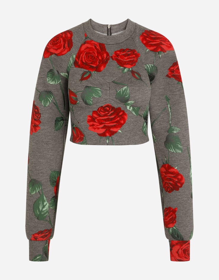 Technical jersey sweatshirt with flocked rose print and bustier details - 3