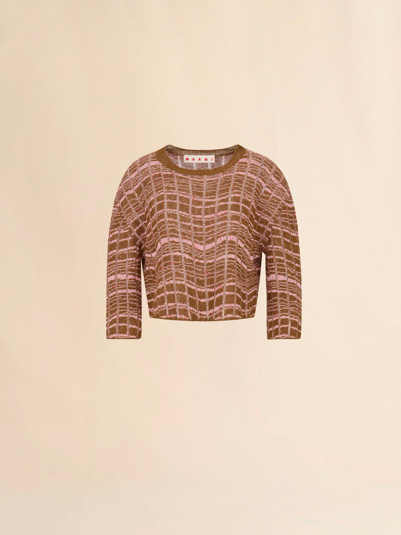 BROWN RIBBED LINEN SWEATER WITH WAVY PATTERN 1