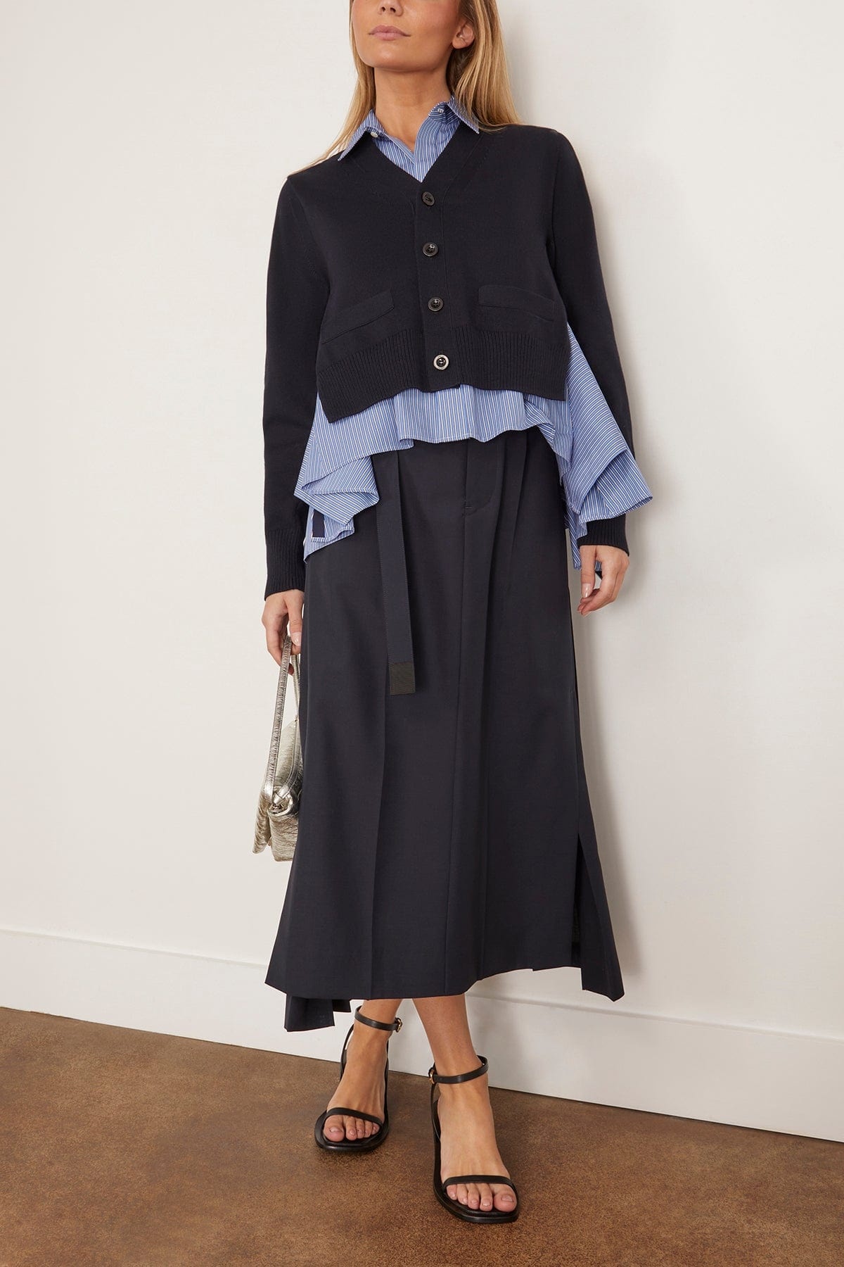 Cotton Poplin x Knit Cardigan in Navy and Blue Stripe - 2