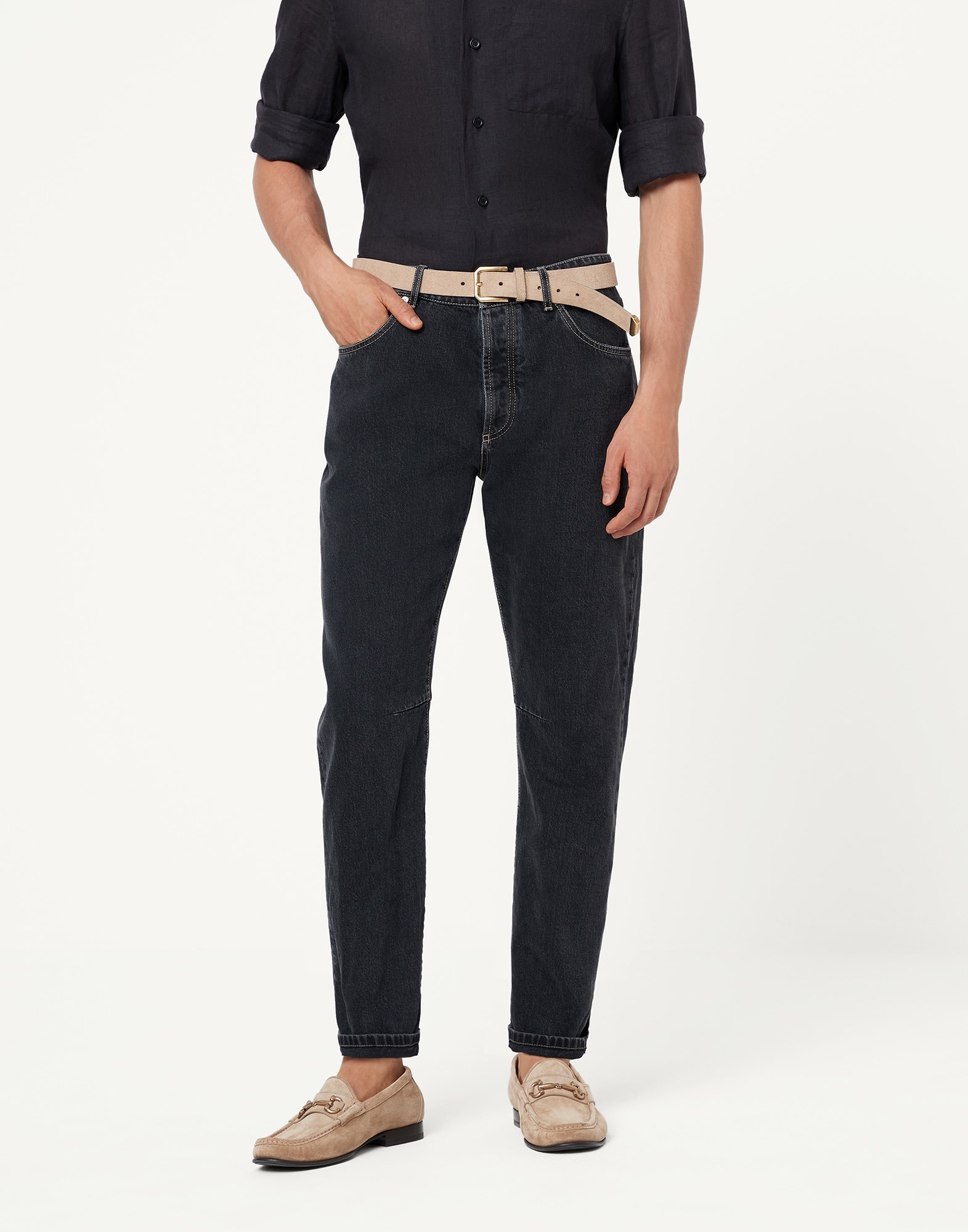 Gray denim leisure fit five-pocket trousers - 1