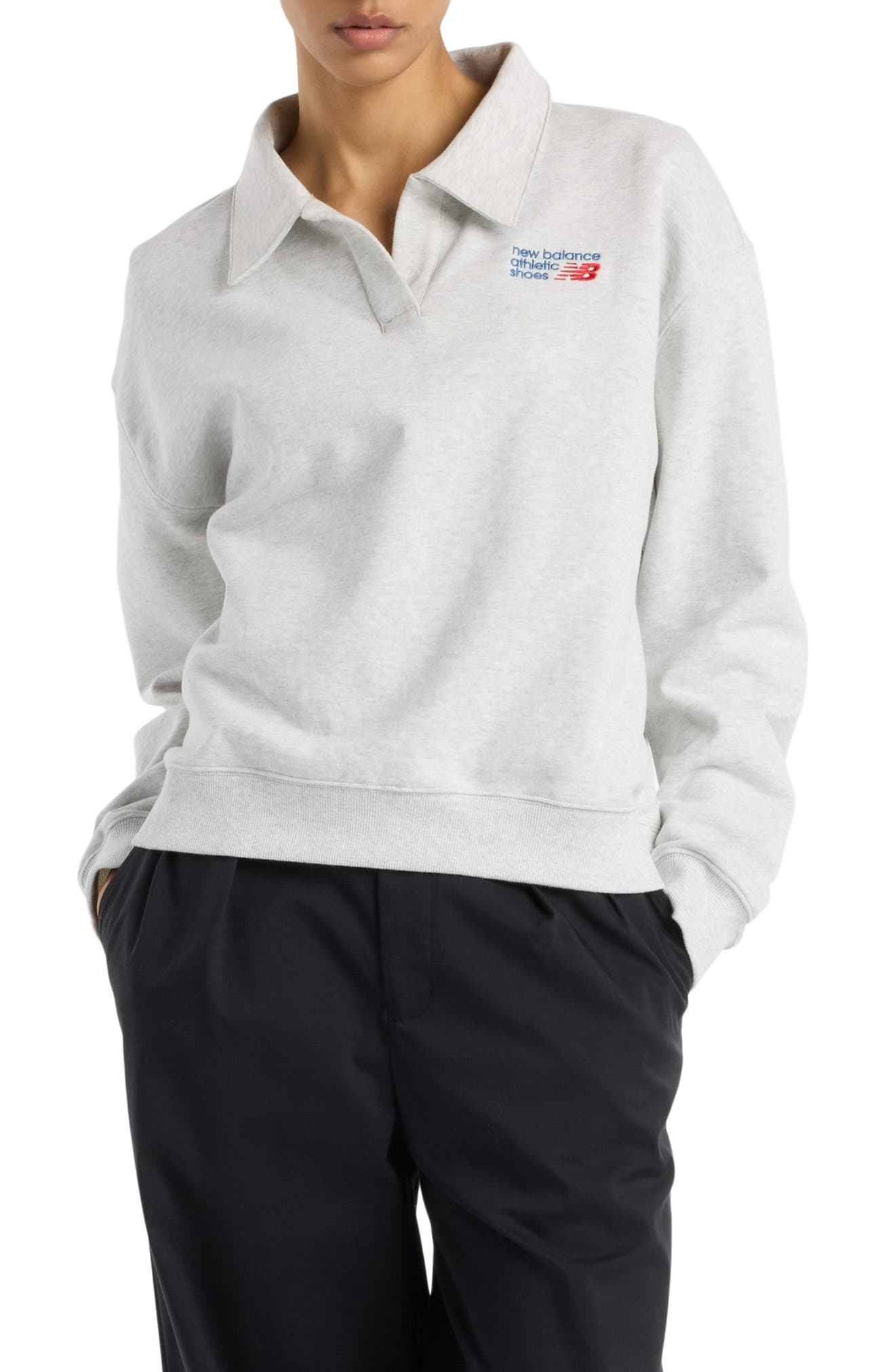 New Balance Oversize French Terry Polo Sweatshirt in Ash Heather at Nordstrom - 1