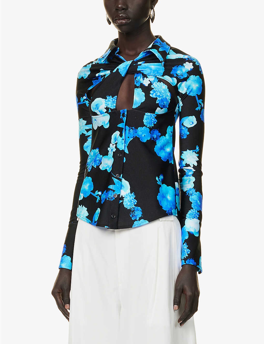 Cut-out floral-pattern stretch-woven shirt - 3