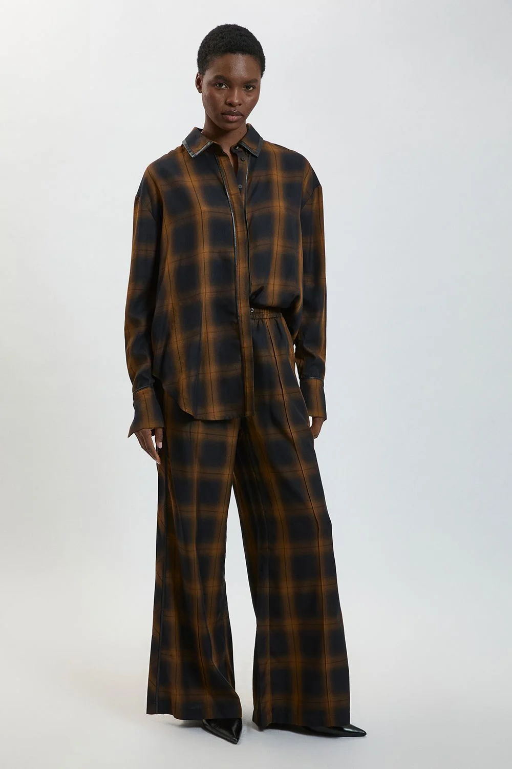 Petite Check PU Trim Detail Wide Leg Trouser - 1
