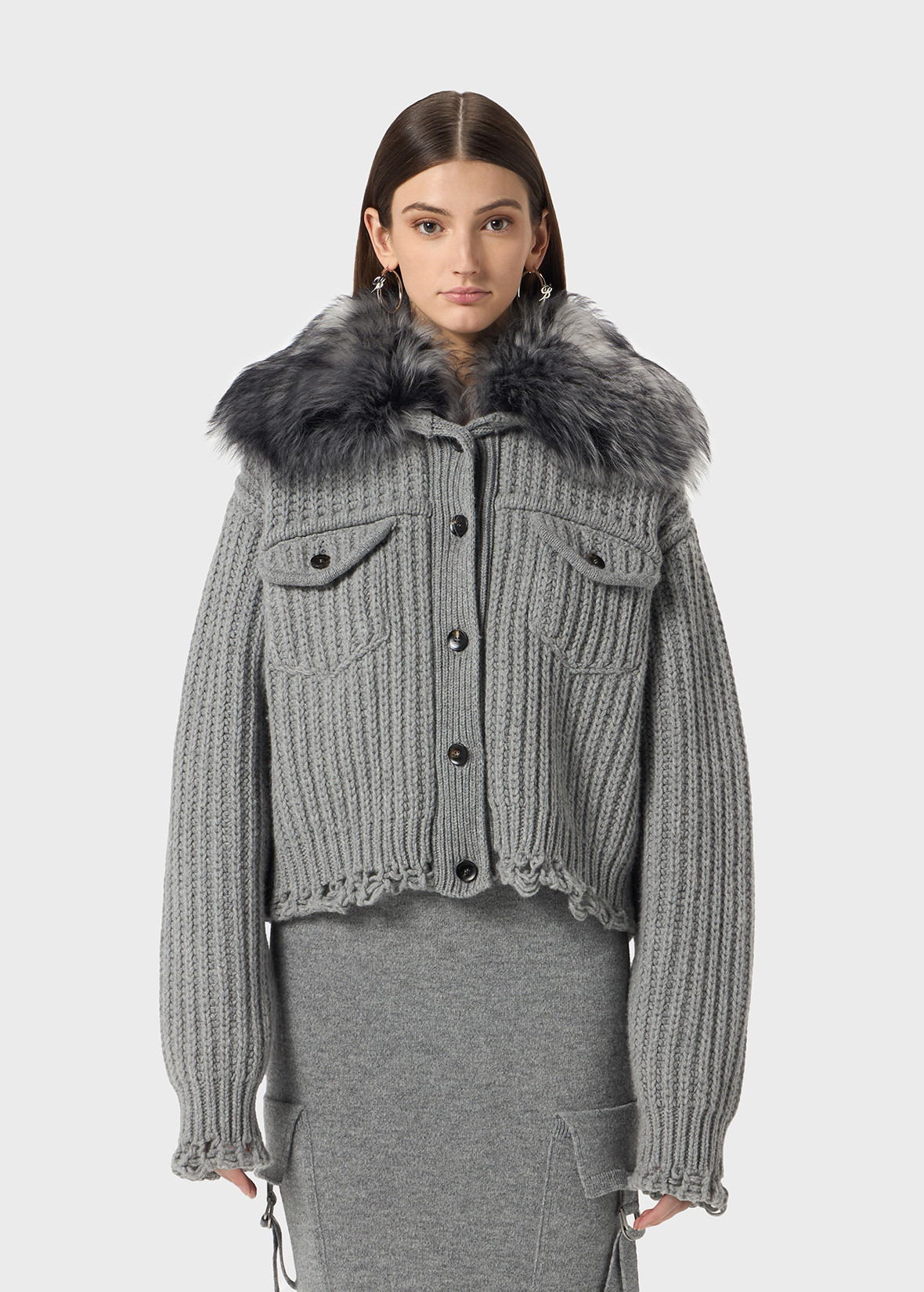 WOOL CARDIGAN WITH FAUX FUR COLLAR - 3