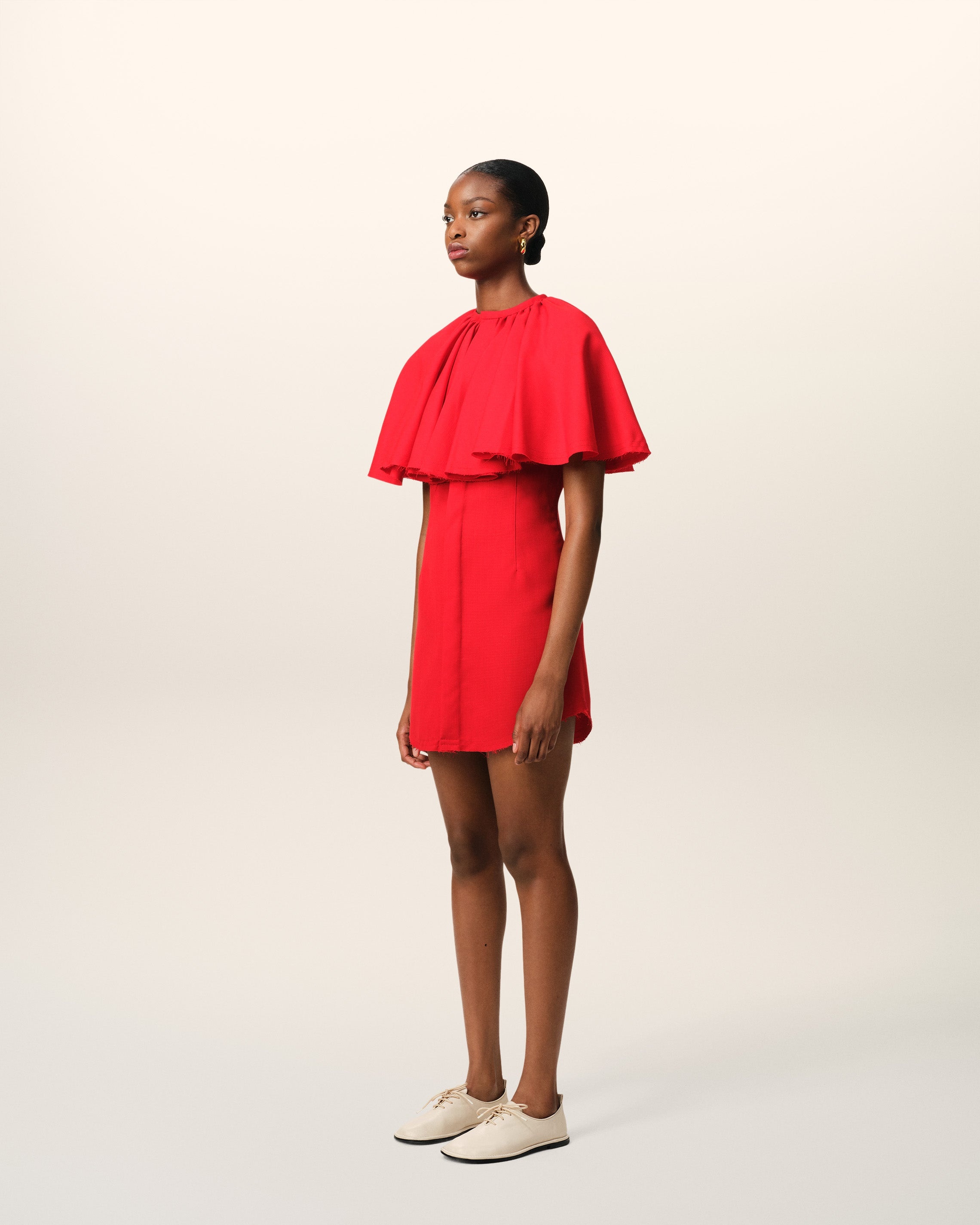 RED WOOL SHIRT DRESS WITH RUFF - 6