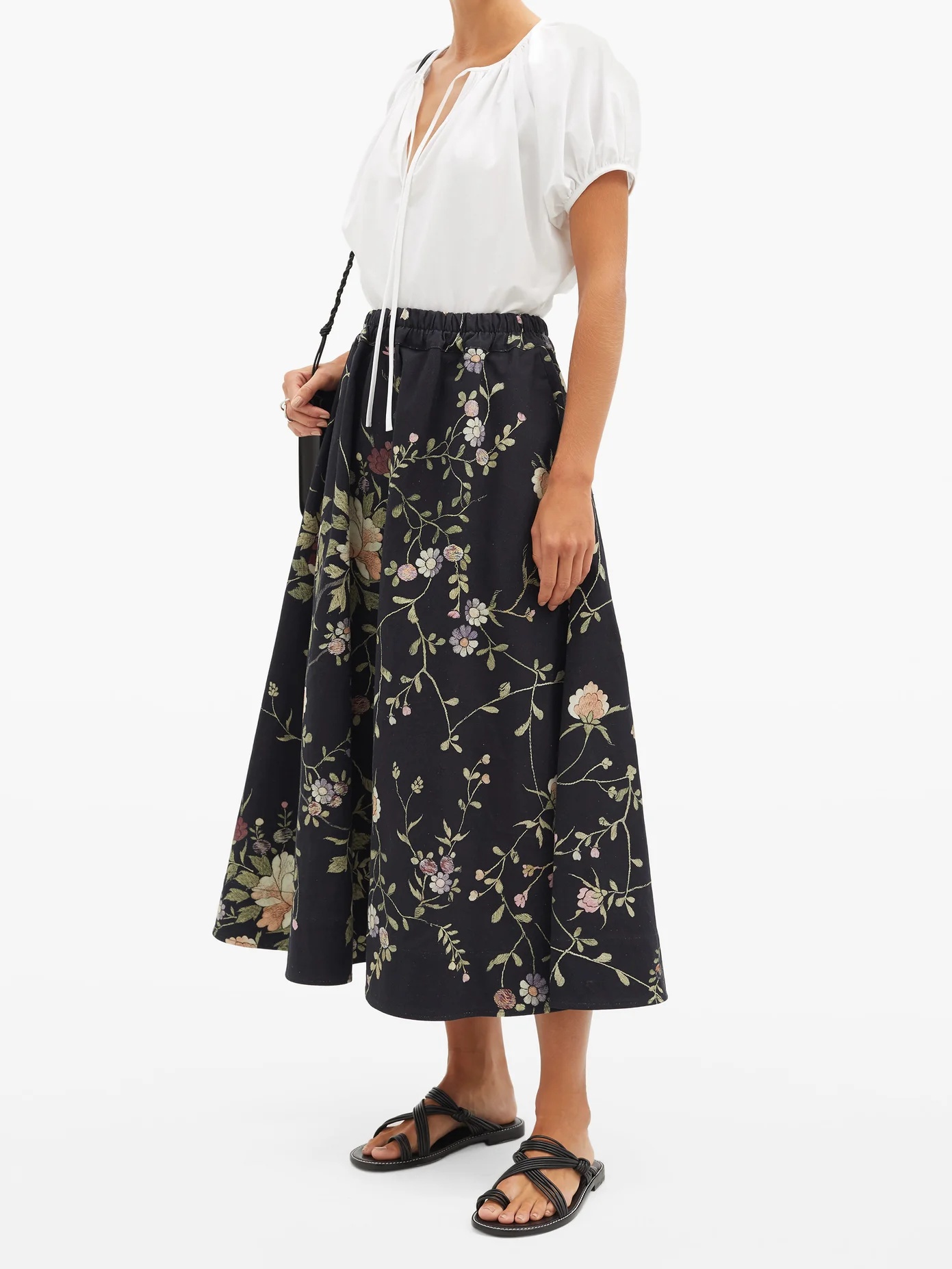 Daisy floral-embroidered cotton-canvas midi skirt - 2