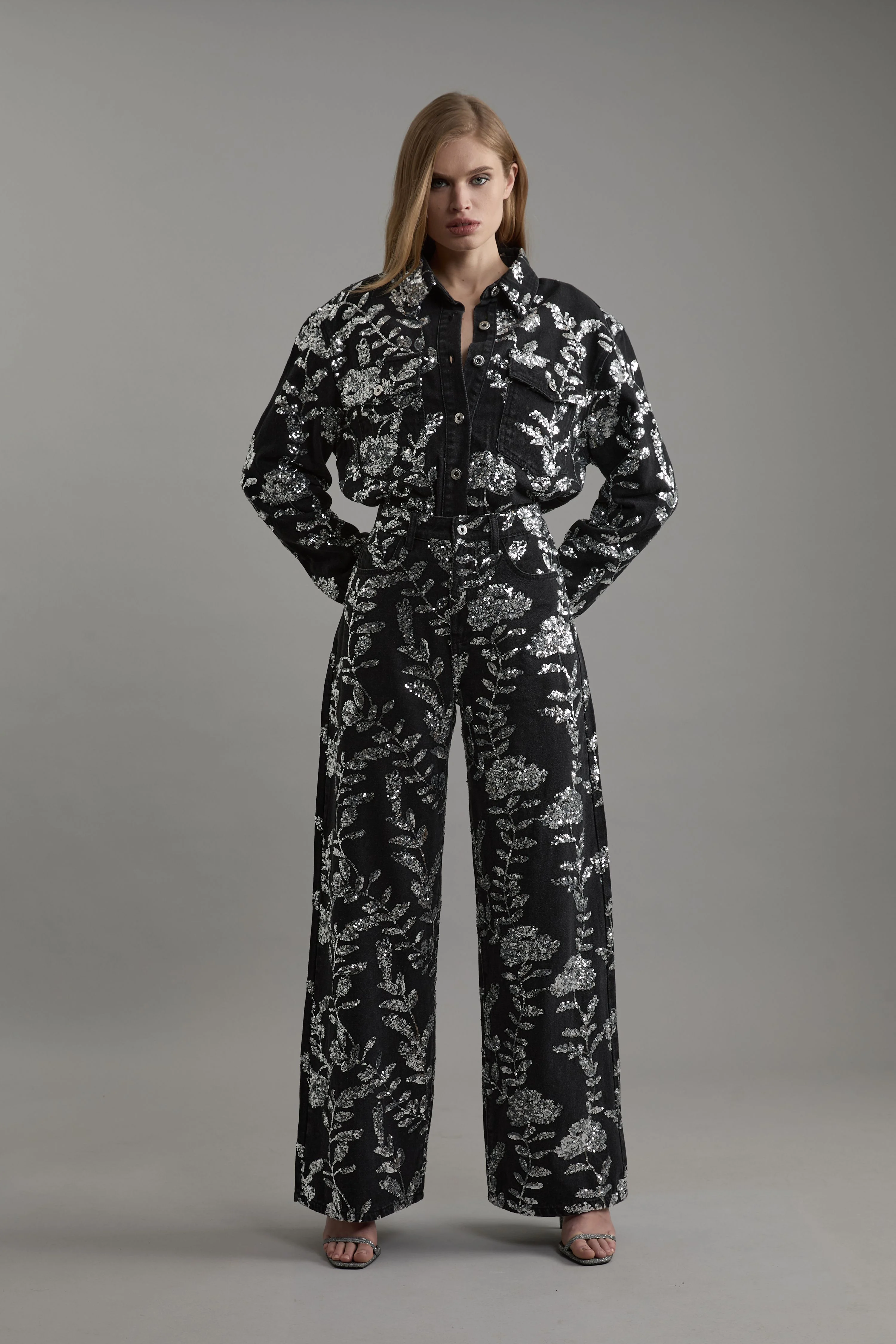 Denim All Over Floral Sequin Wide Leg Trousers - 1