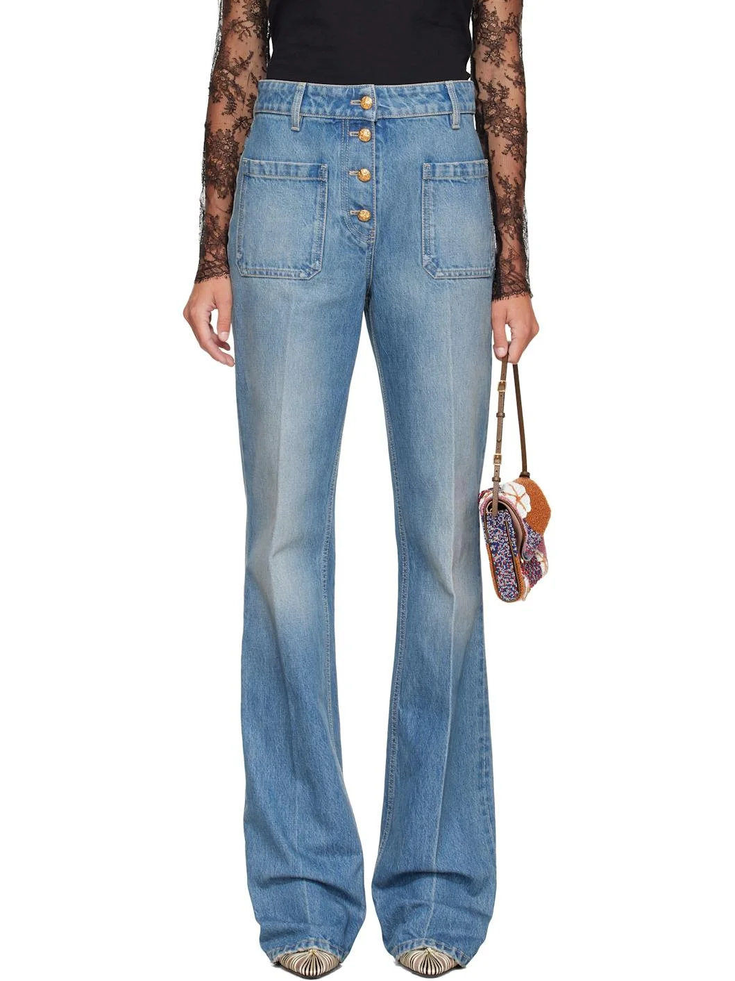 Blue Denim Exposed Button Jeans - 1