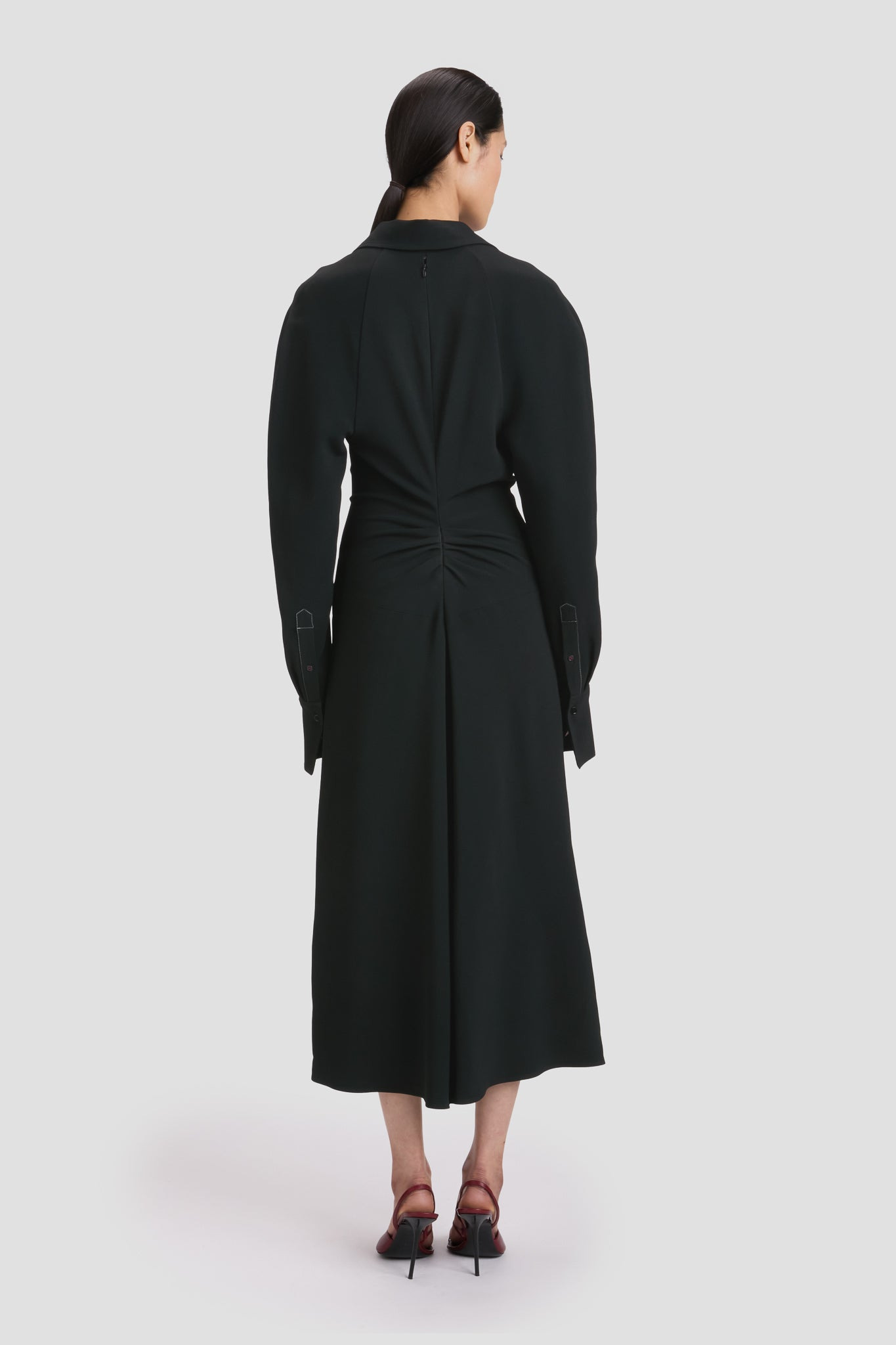 Long Sleeve Polo Collar Midi Dress In Black - 5