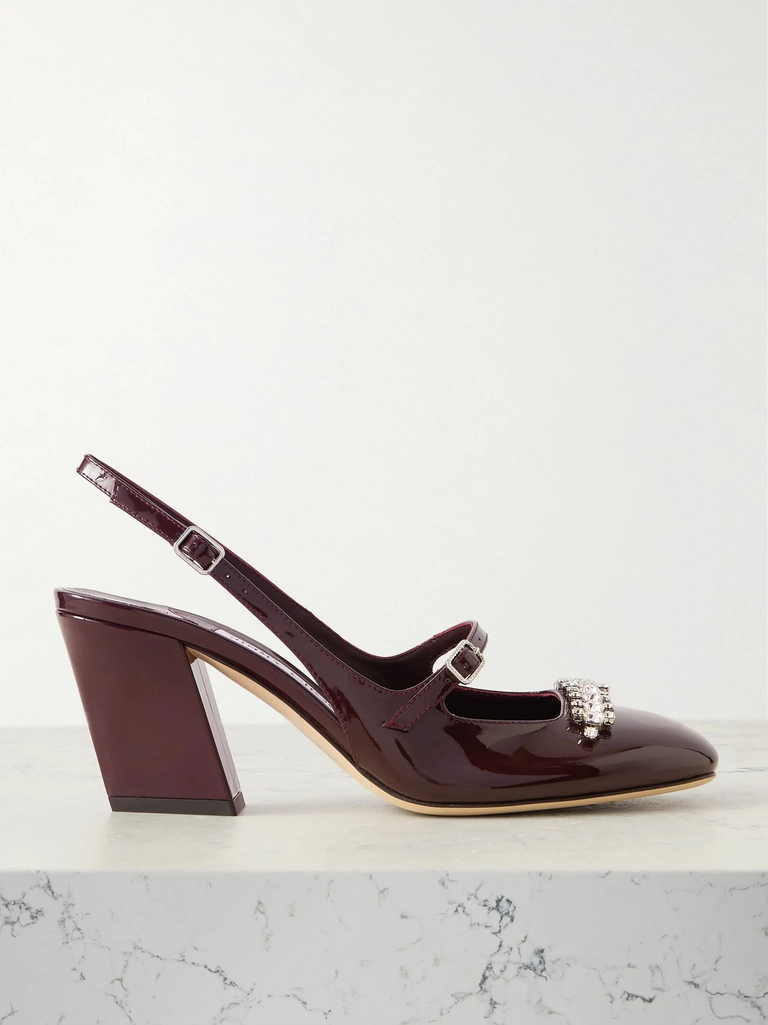 Belinda 70 crystal-embellished patent-leather slingback pumps Burgundy - 1