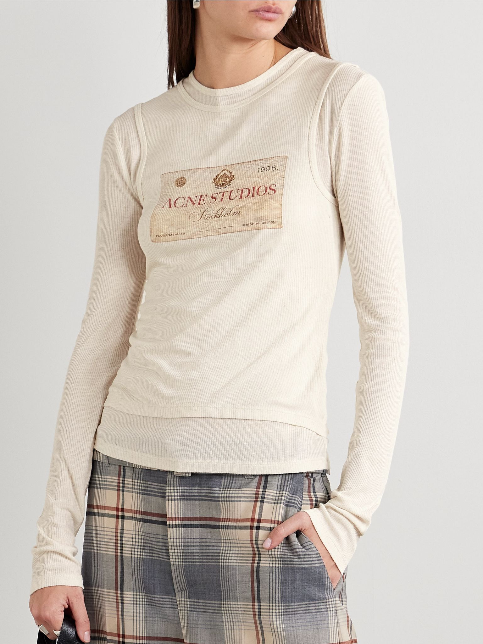 Layered printed ribbed modal and linen-blend jersey top Ivory - 3