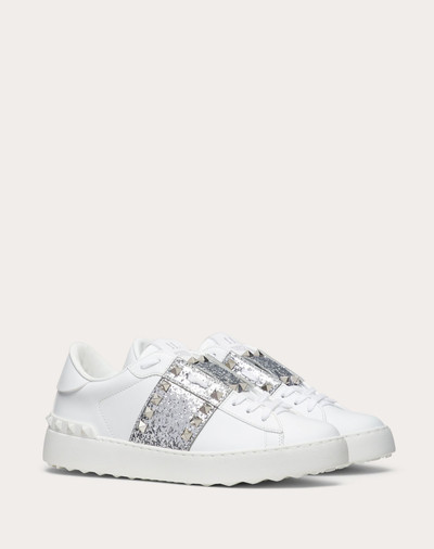 Valentino Rockstud Untitled Sneaker in Calfskin Leather with Glitter Stripe outlook