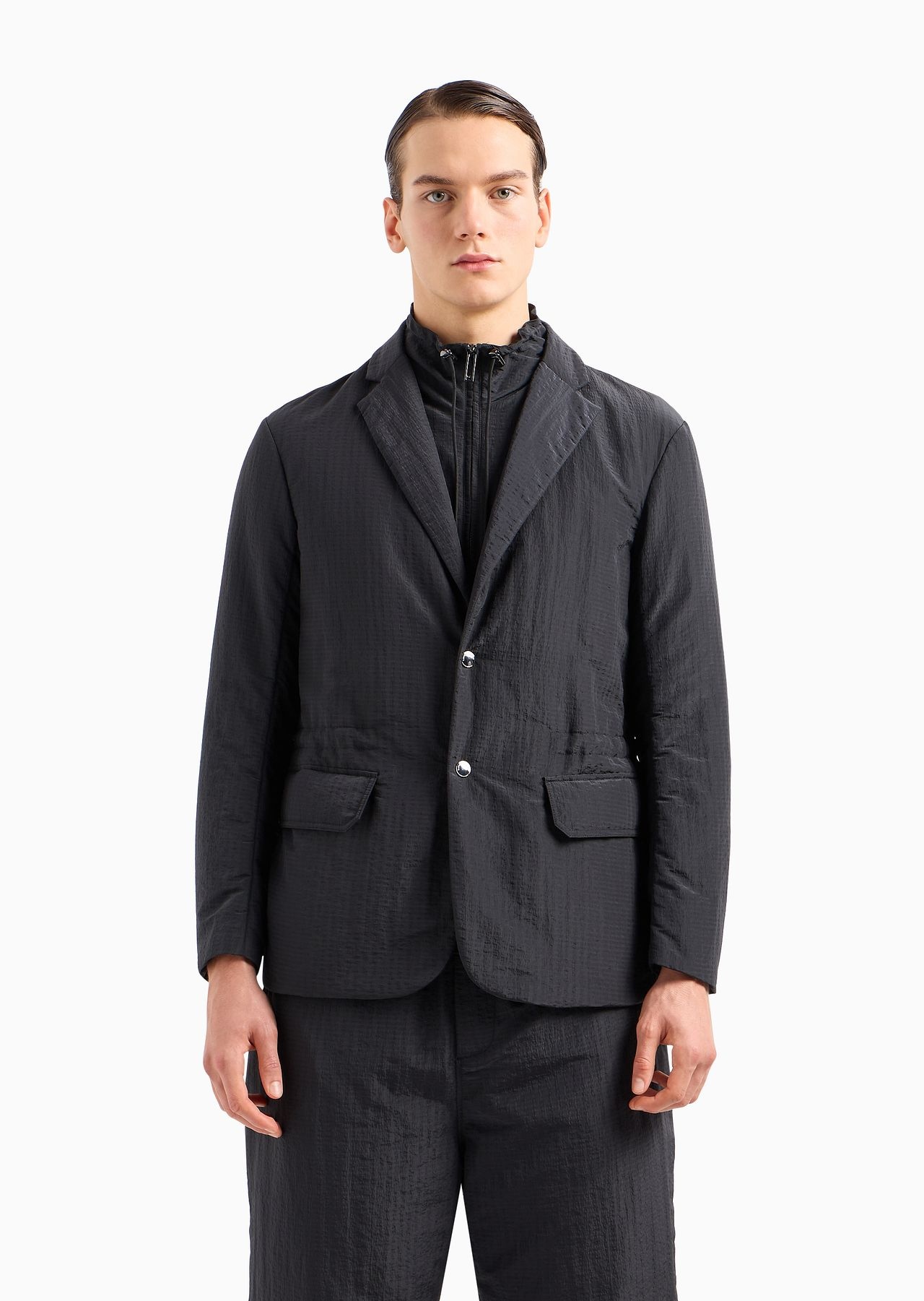 Single-breasted jacket with full-zip detachable inner panel in lightweight nylon seersucker - 2