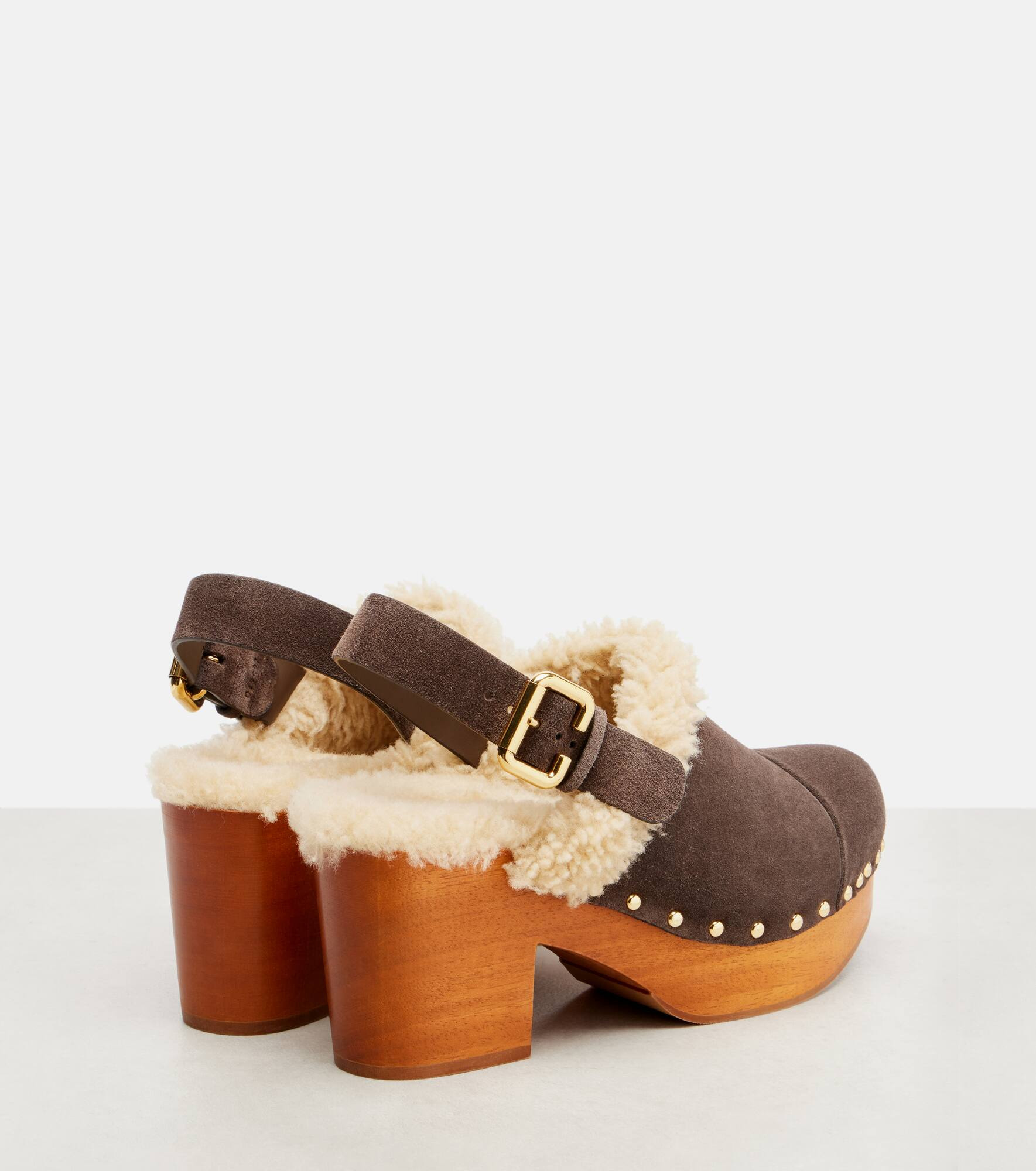 Jeannette shearling-trimmed suede wedge clogs - 2
