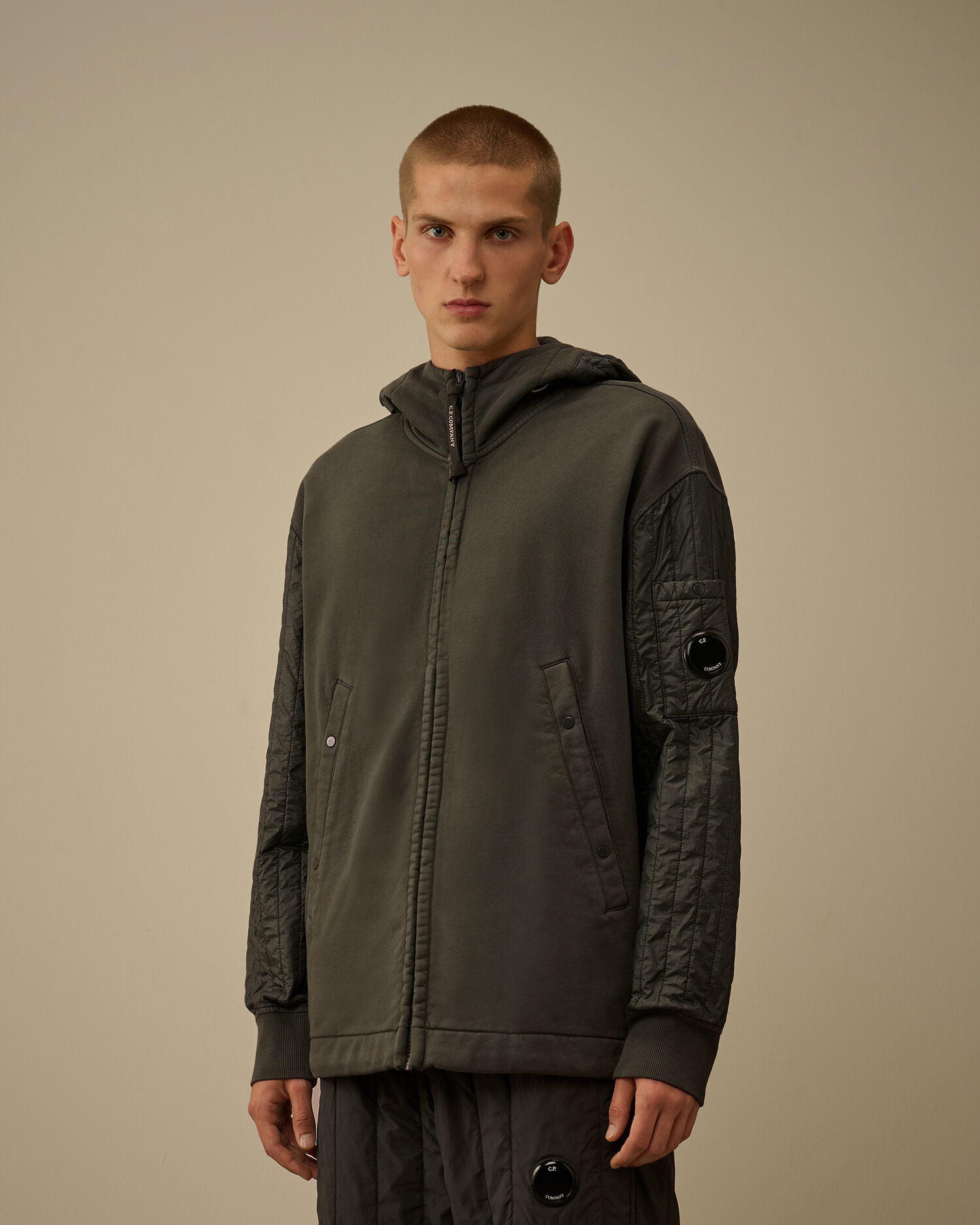 Diagonal Raised Fleece Mixed Full Zip Hooded Sweatshirt - 3