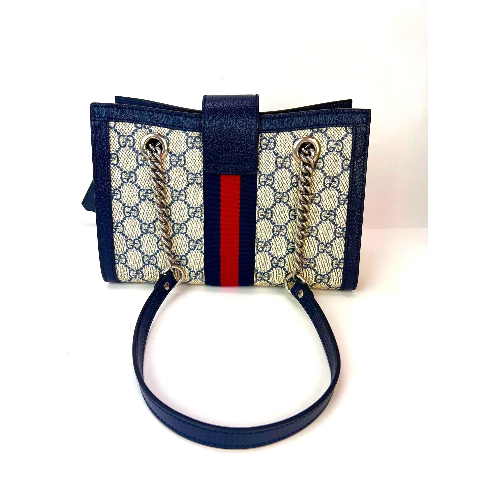Gucci GG Supreme Dollar Calfskin Web Small Padlock Navy Tote - 2
