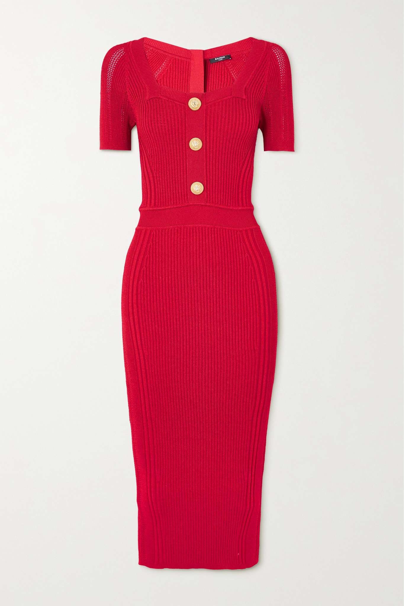 Button-embellished ribbed-knit midi dress - 1