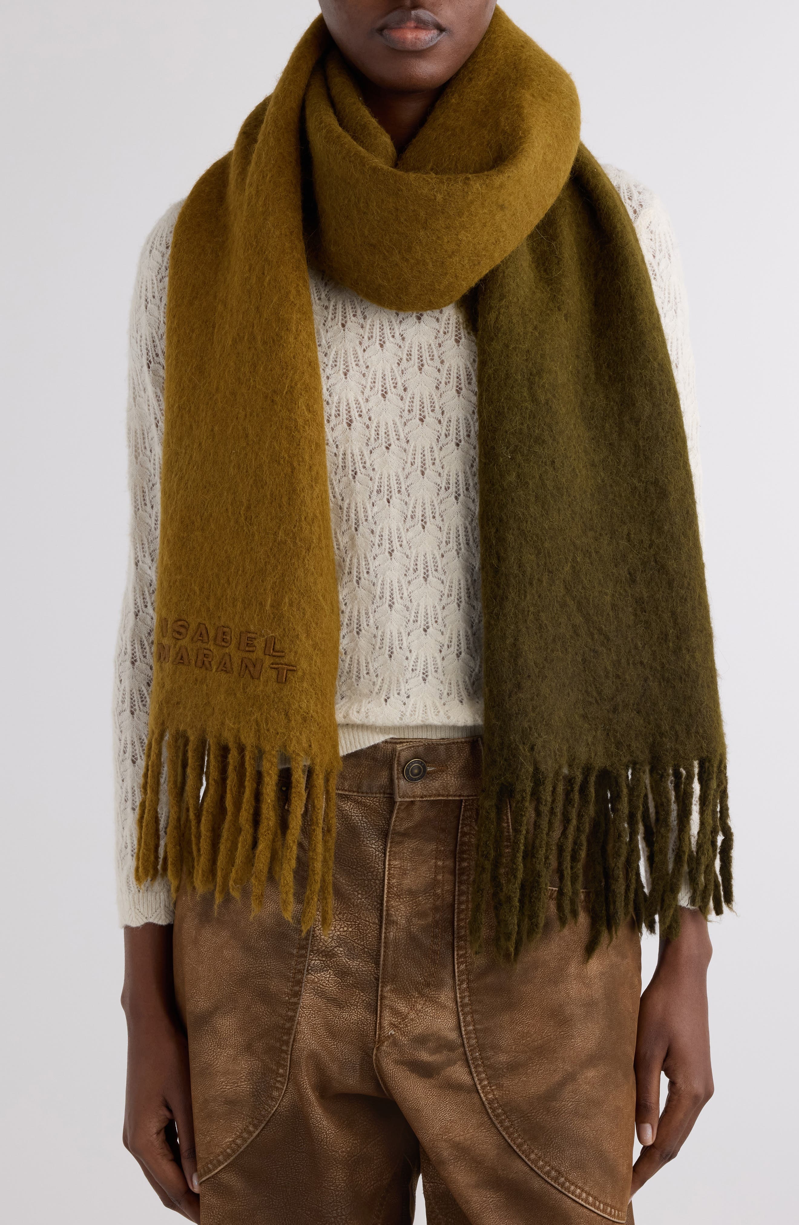 Isabel Marant Firna Logo Embroidered Fringe Scarf in Khaki at Nordstrom - 2