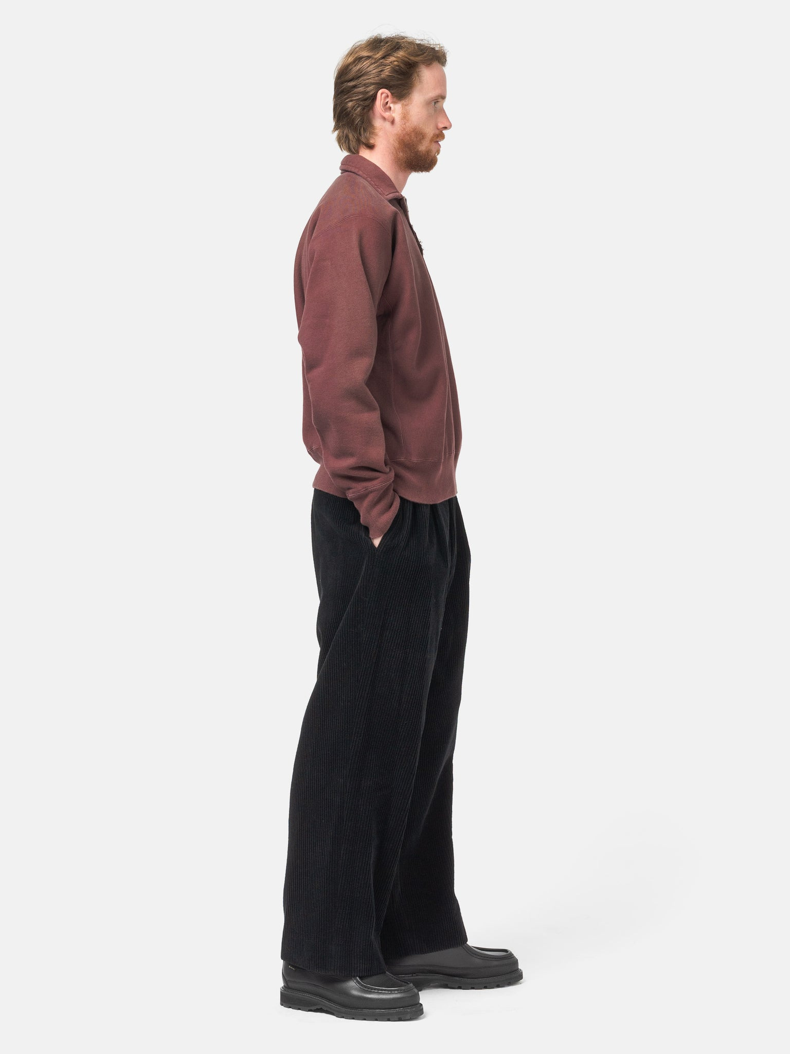 Wool Corduroy Wide Tapered Trousers Black - 3