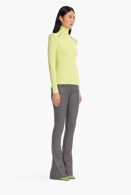 Lime green knit sweater with gold-tone buttons - 7