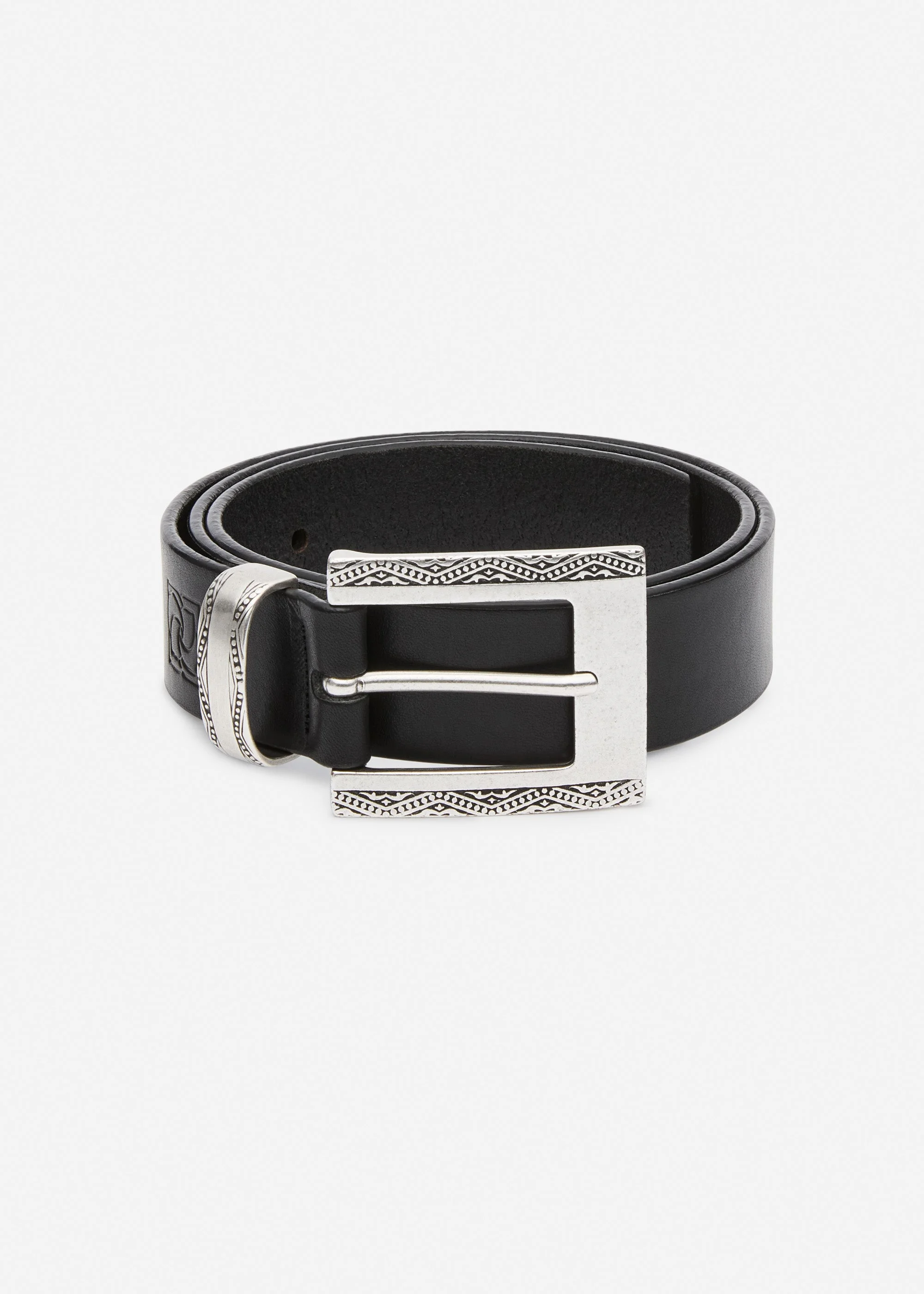Engraved rectangular buckle belt in black and silver - 1