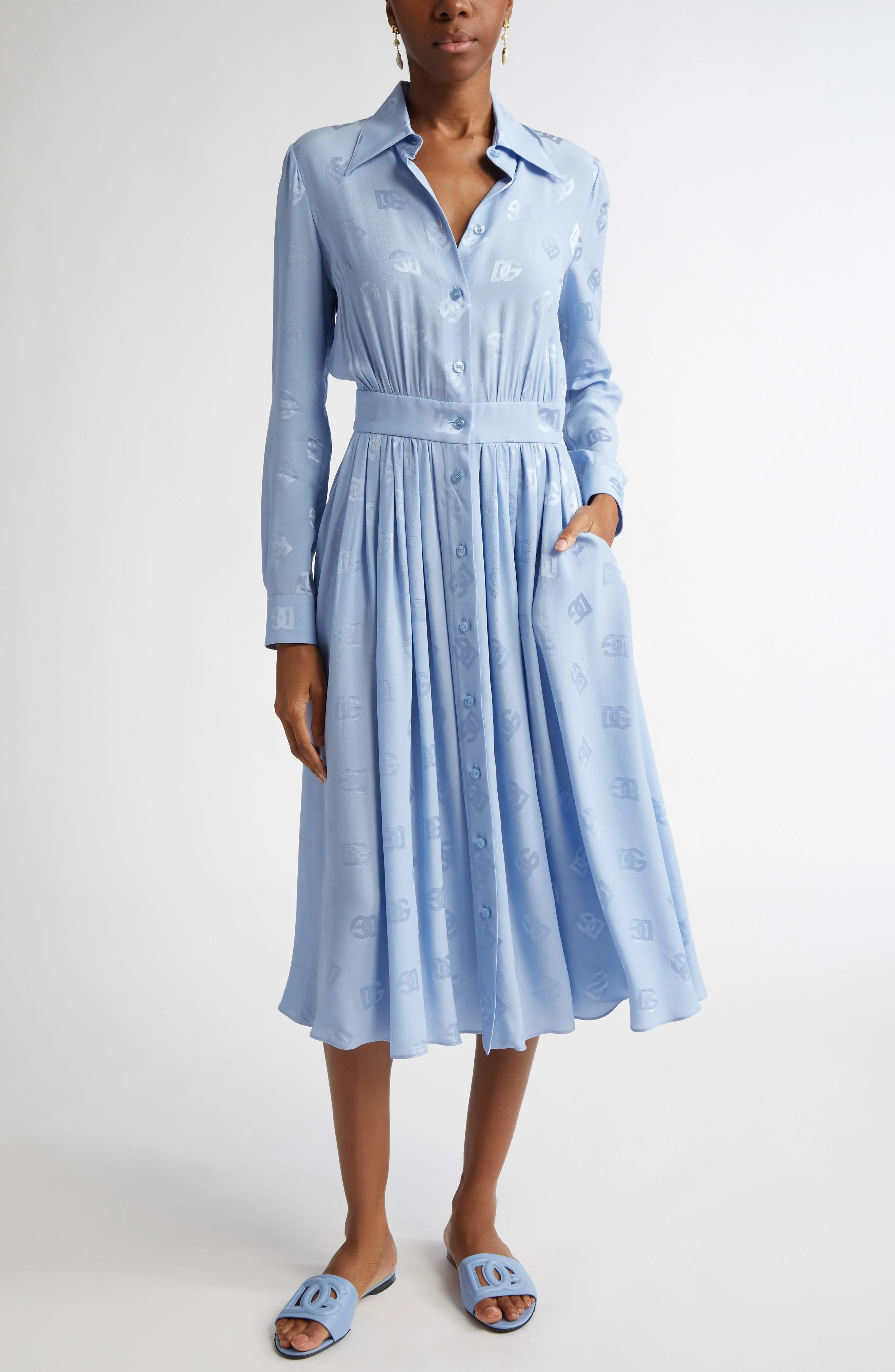 Dolce&Gabbana Logo Jacquard Long Sleeve Silk Shirtdress in Glicine Viola Chiari at Nordstrom - 1