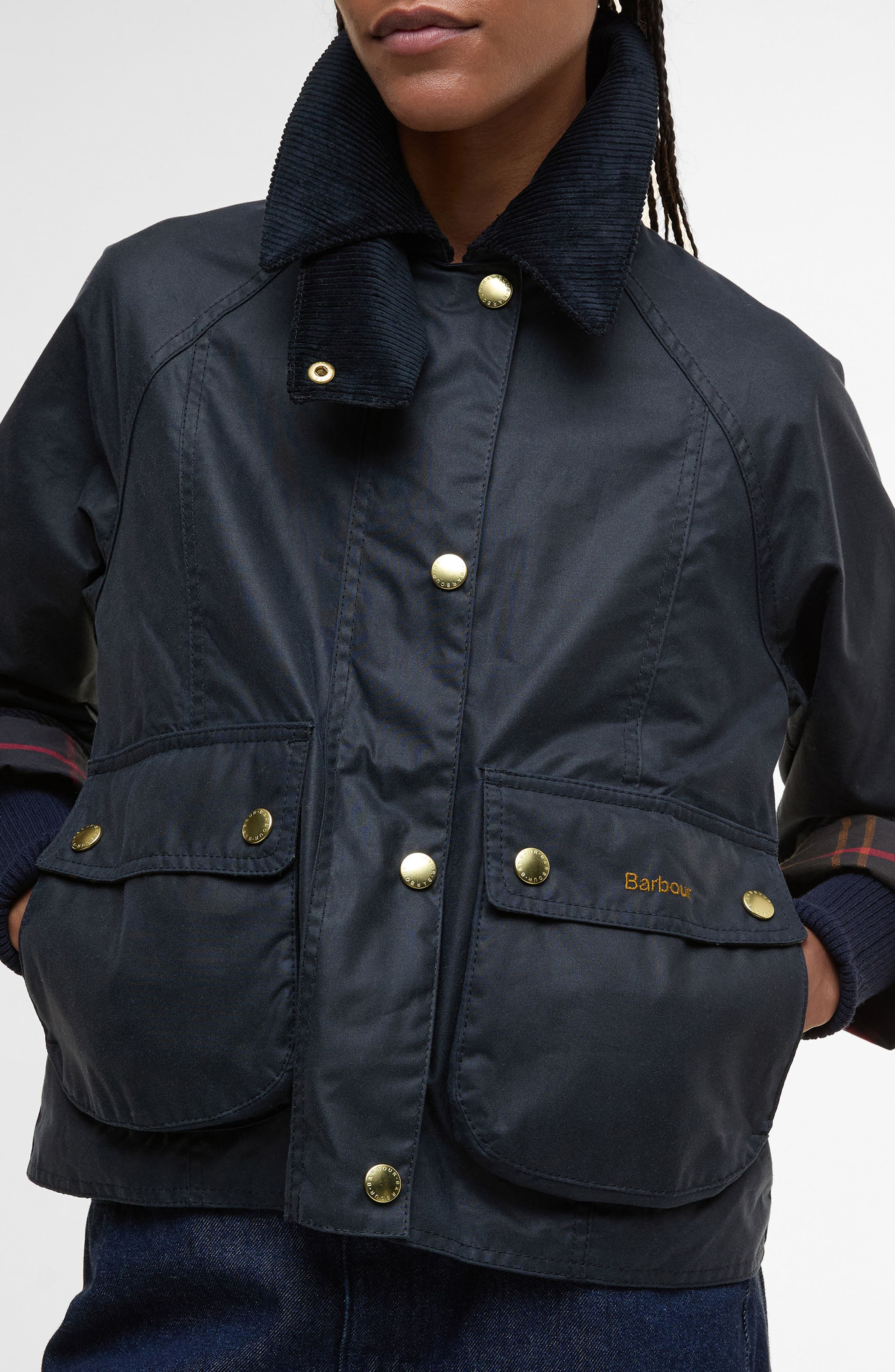 Barbour Beadnell Crop Waxed Cotton Jacket in Navy Classic at Nordstrom - 5