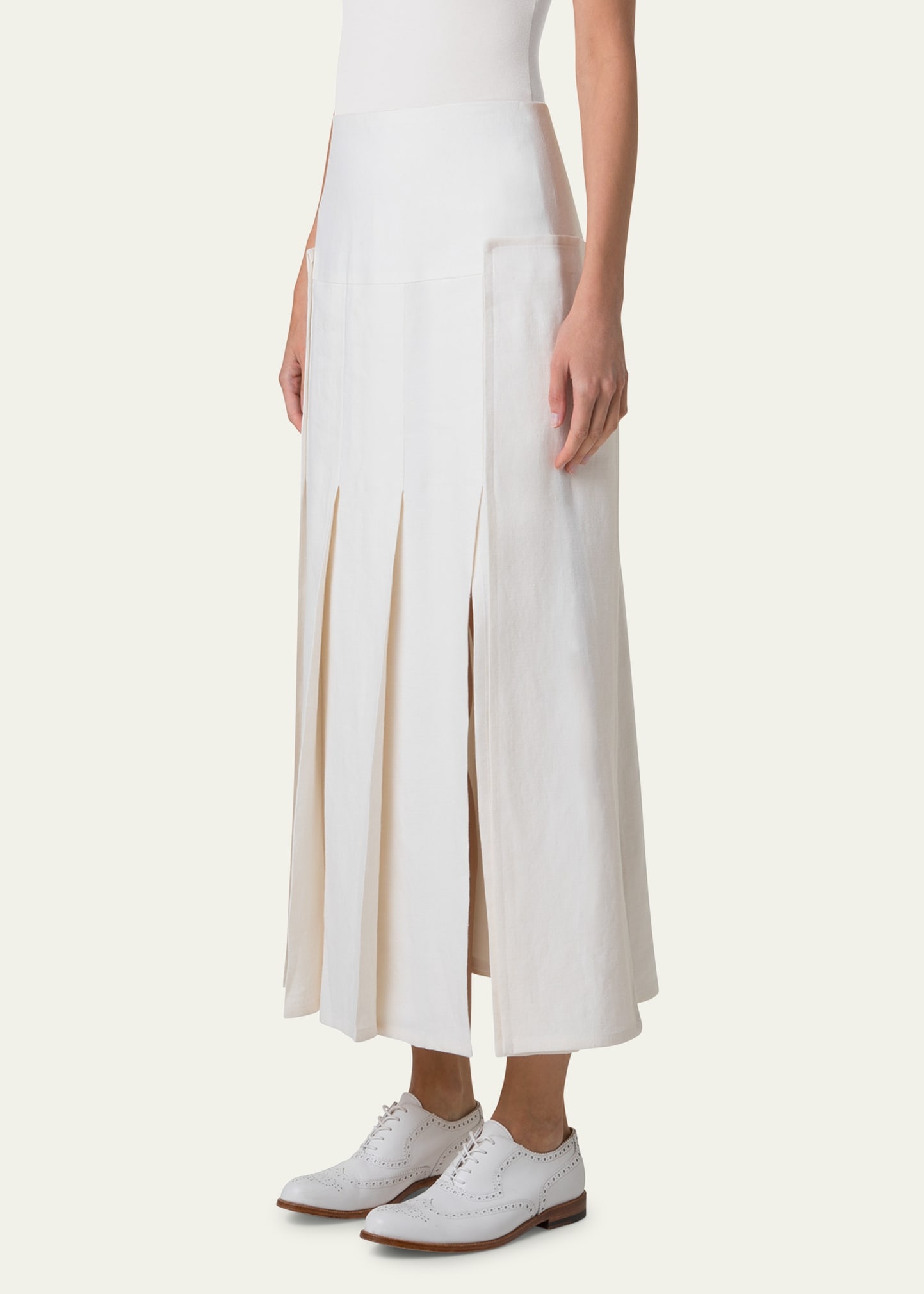Stonewashed Linen-Wool Pleated Midi Skirt - 4