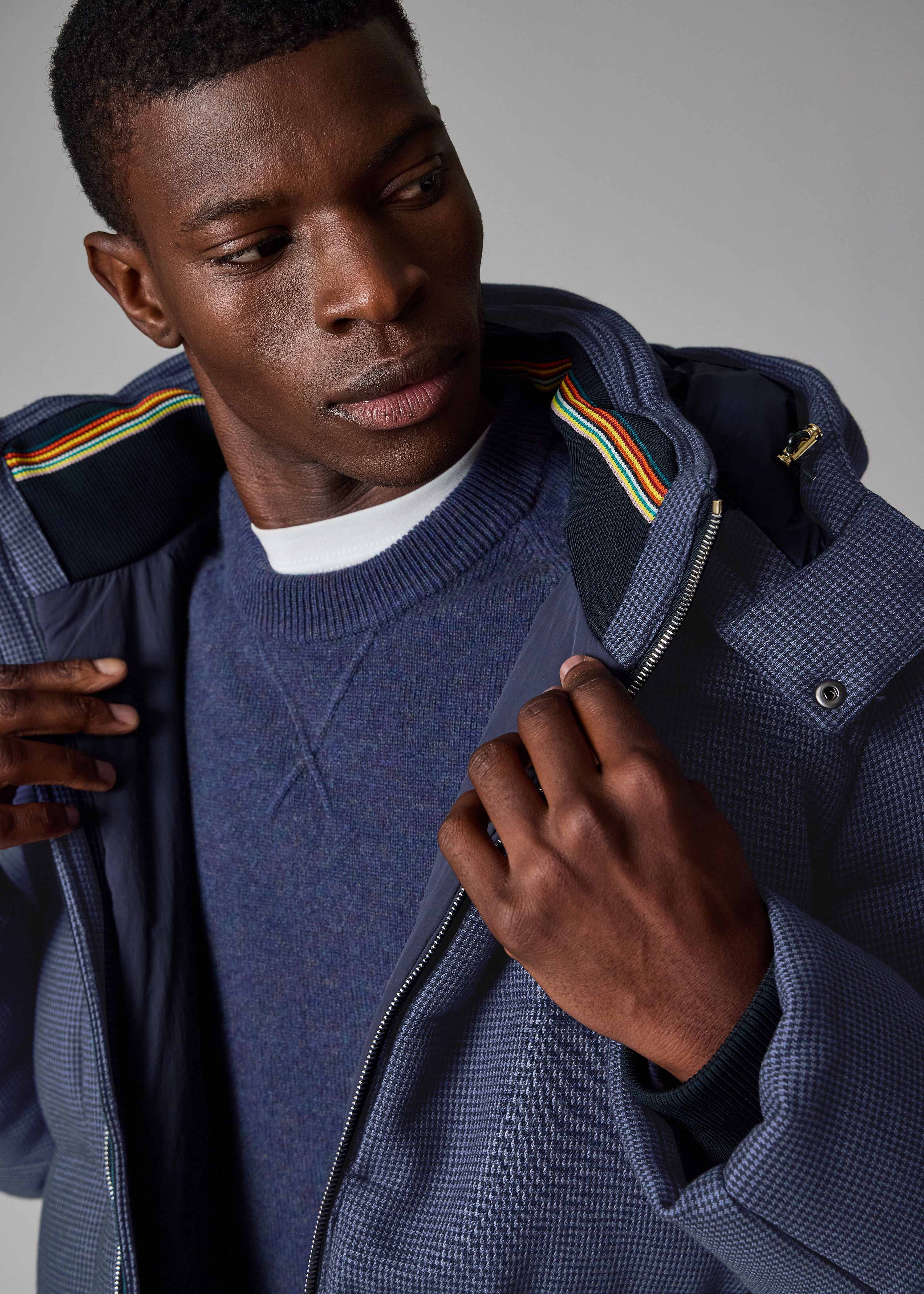 Navy Houndstooth Down Jacket with Detachable Hood - 8