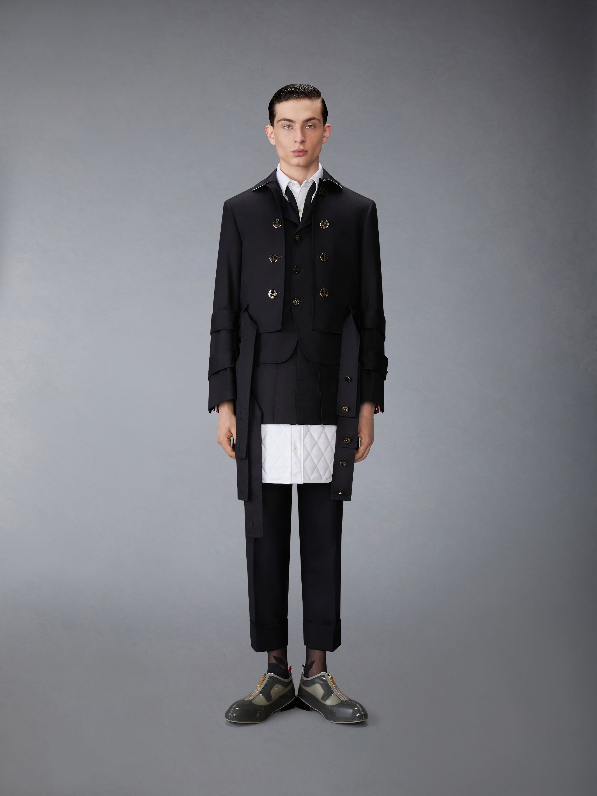 Wool Flannel All in One Modular Bal Collar Overcoat With Mini Pleated Skirt and Silk Faille Lapel - 1