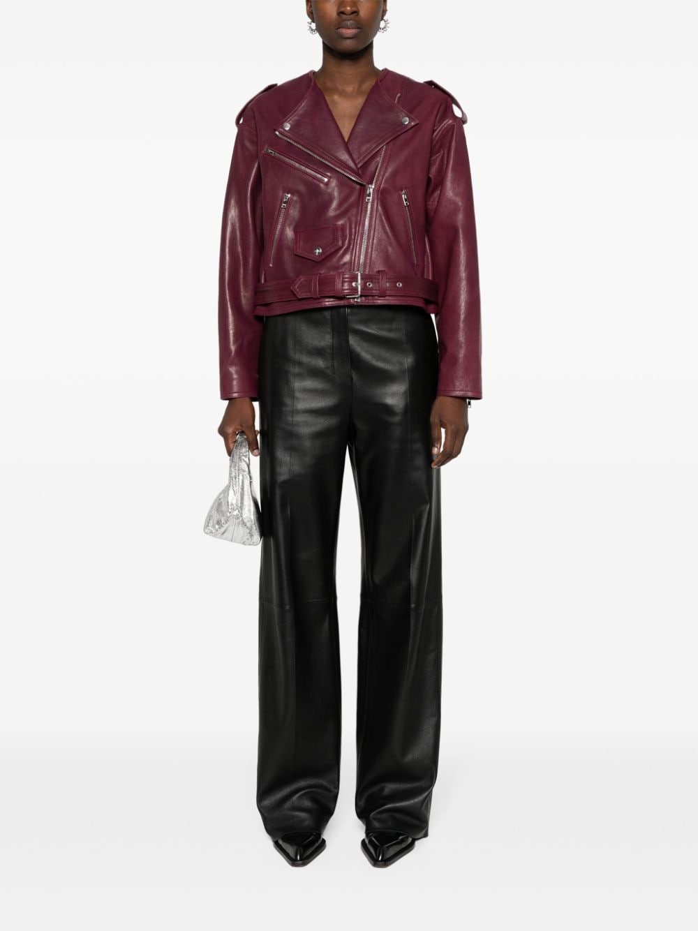 leather cropped biker jacket - 2