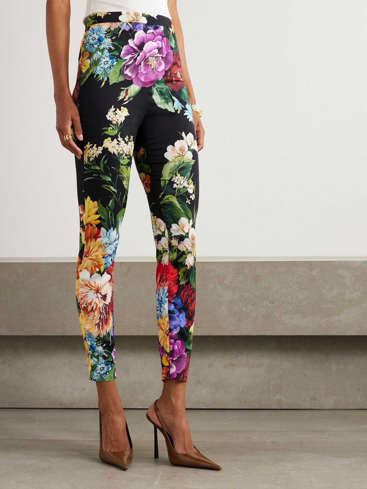 Floral-print silk-blend charmeuse skinny pants Black - 3