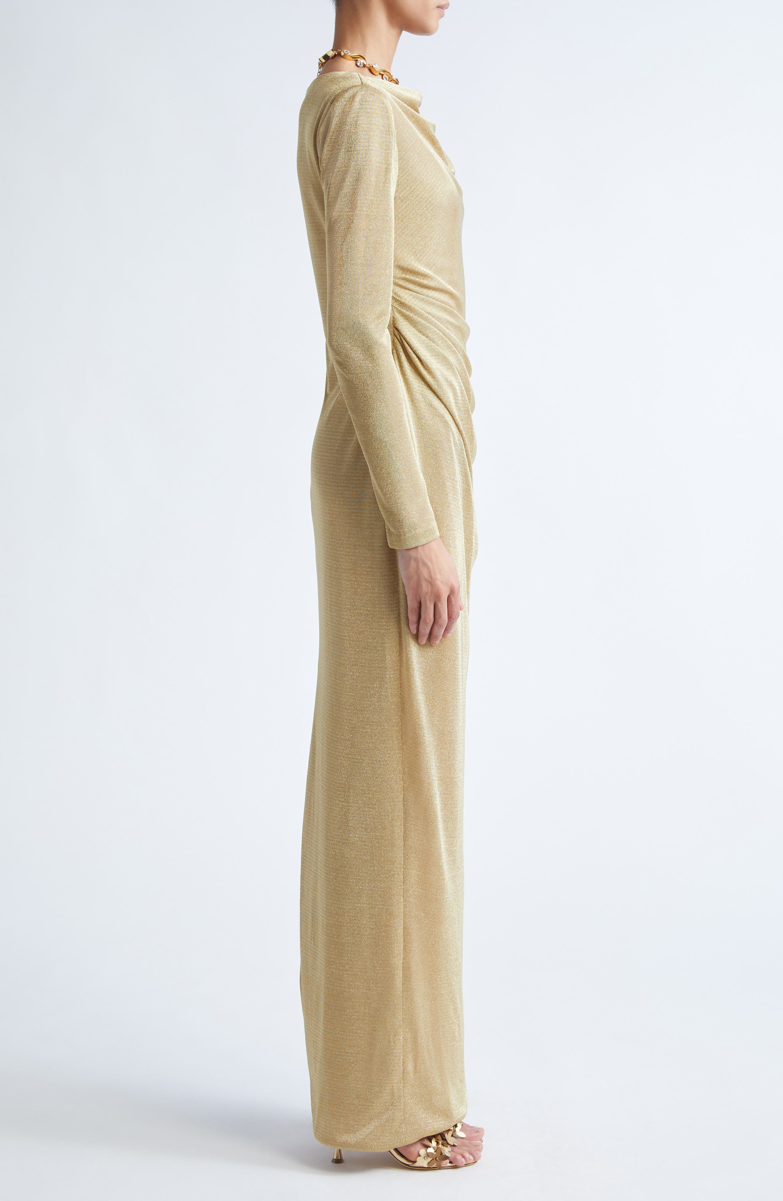 Oscar de la Renta Draped Long Sleeve Metallic Jersey Gown in Gold at Nordstrom - 3