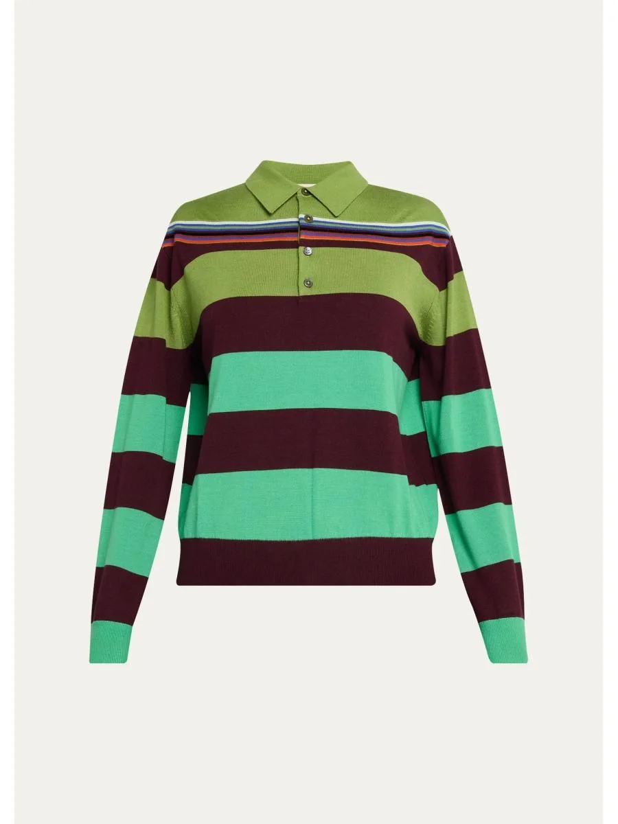 Big Striped Wool-Silk Long-Sleee Polo Sweater - 1