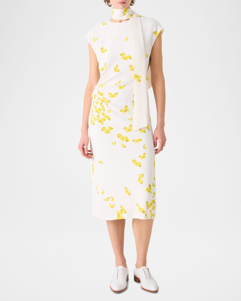 AKRIS Butterfly-Print Viscose Crepon Ruched Midi Dress With Scarf outlook