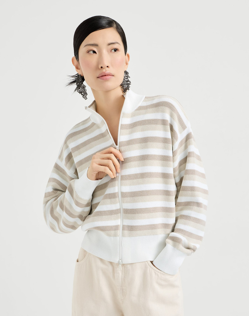 Rib knit cotton cardigan with stripes 2