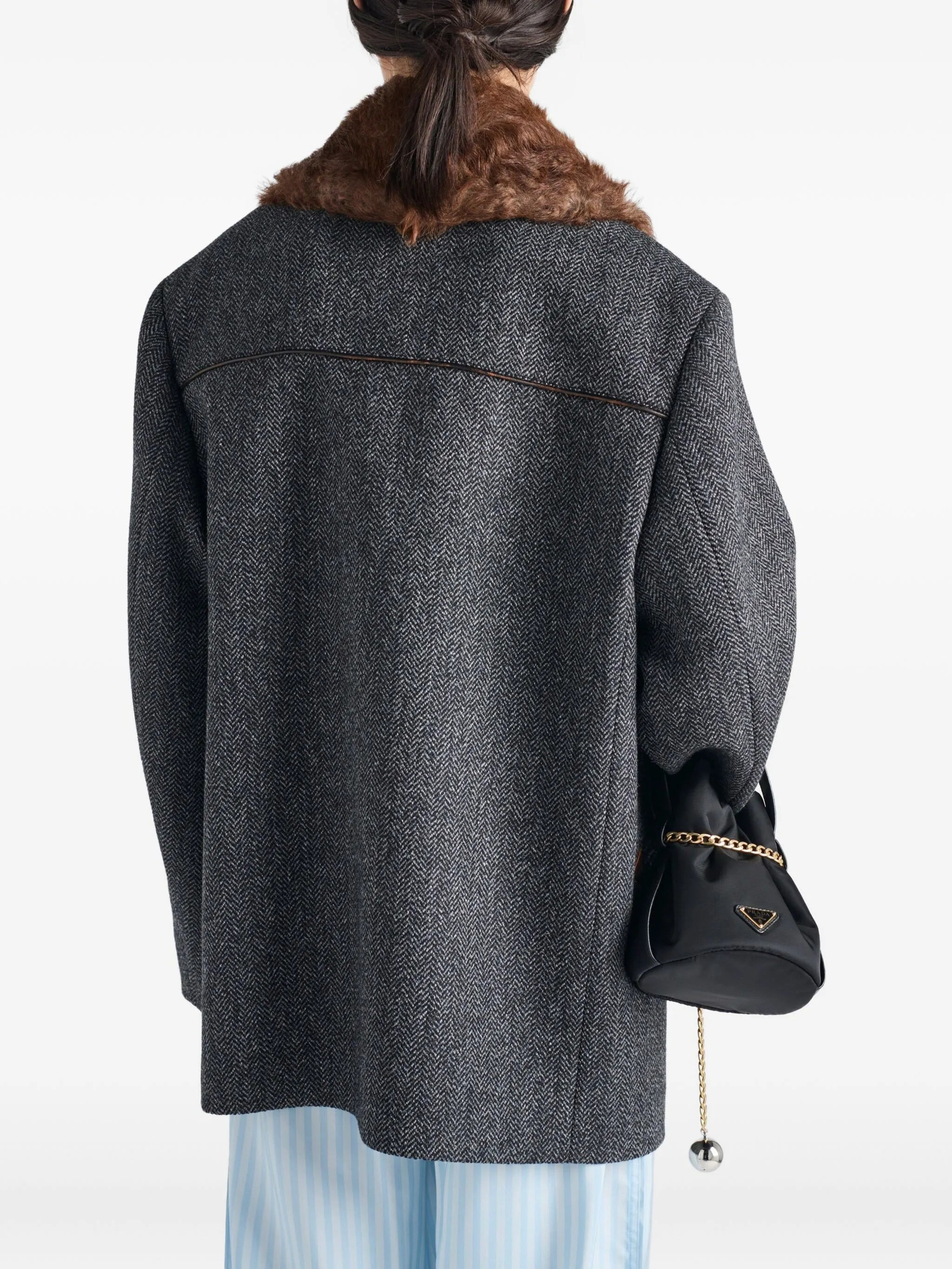 herringbone fur-collar coat - 4