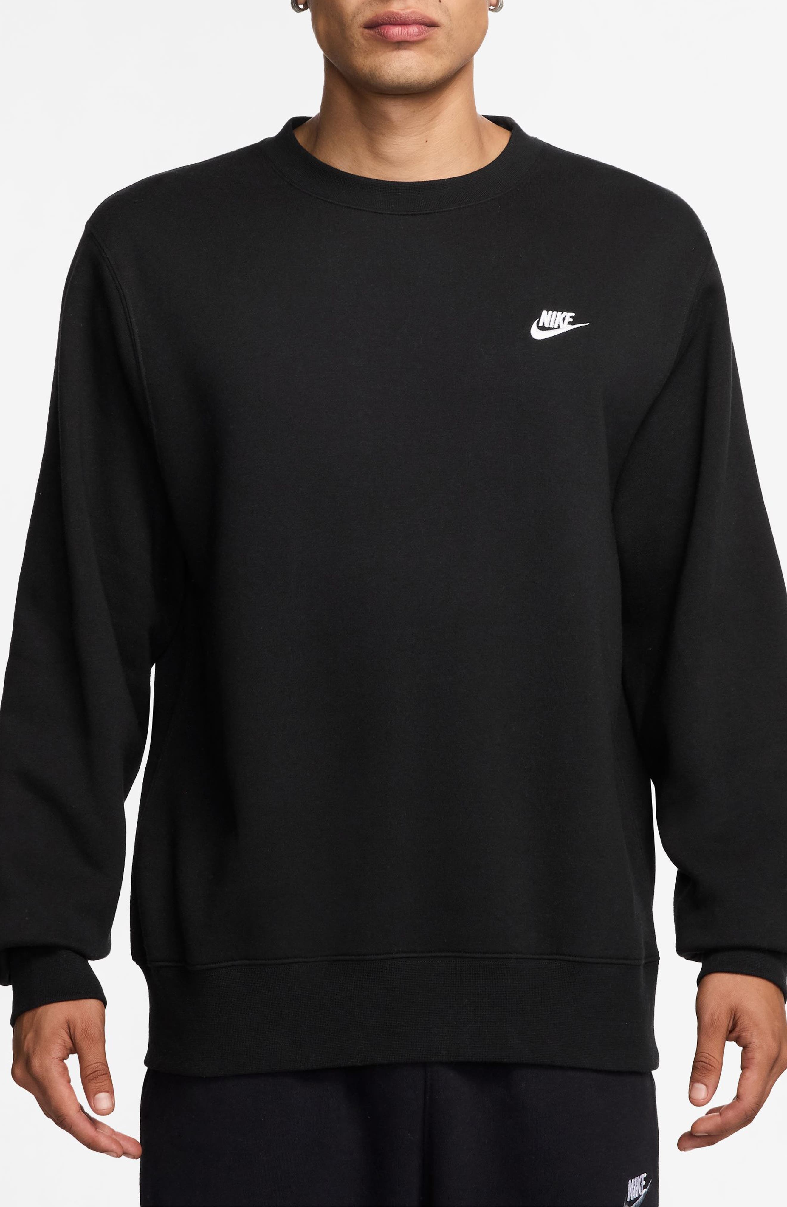 Nike Club Brushed Fleece Crewneck Sweatshirt in Black/White at Nordstrom - 1