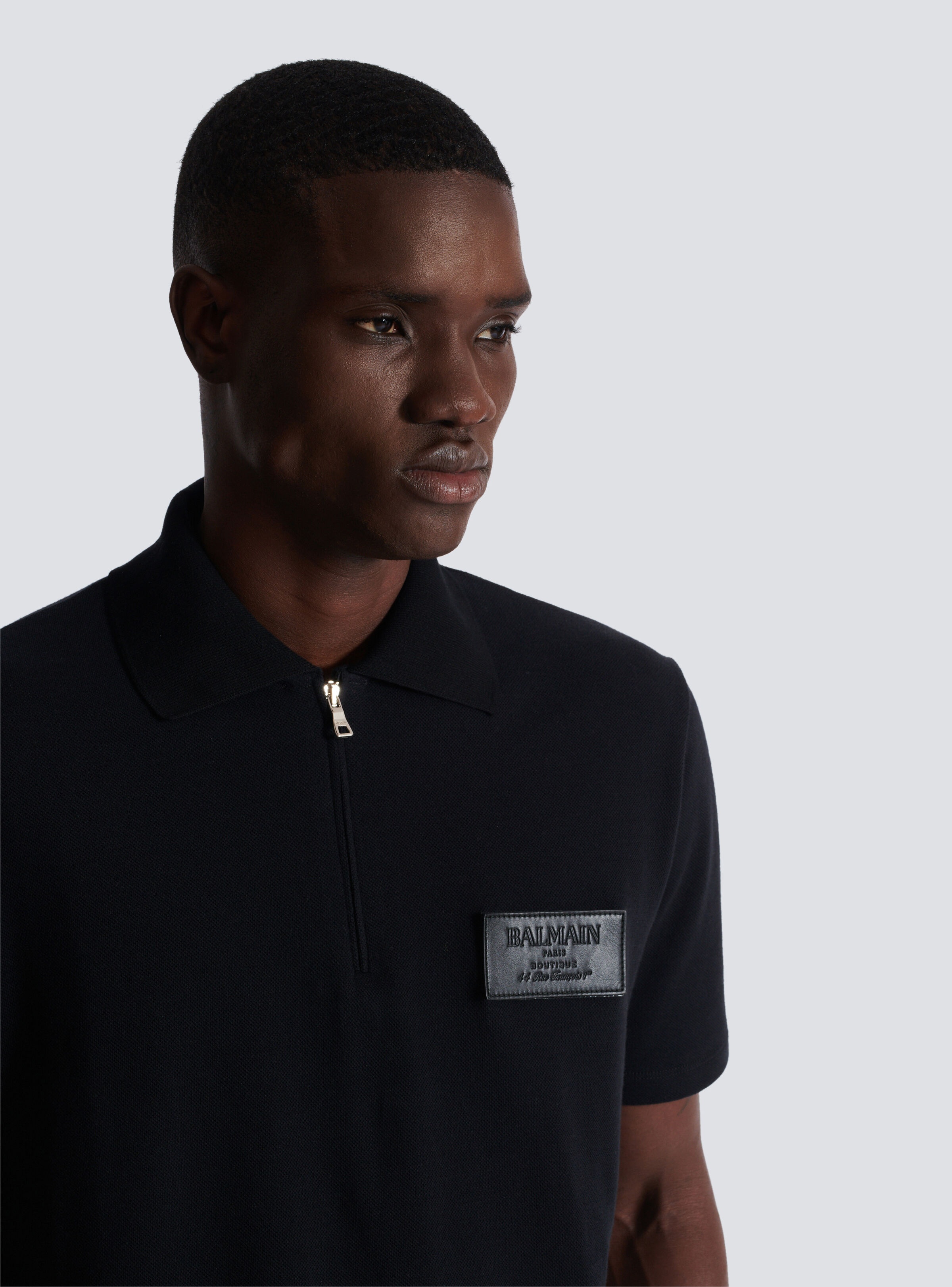 Cotton polo shirt with leather Balmain Couture label - 7