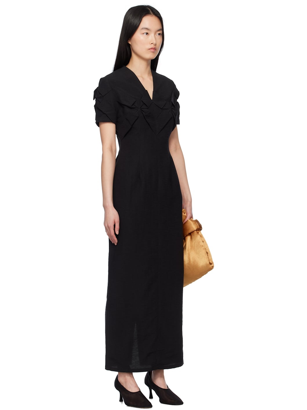 Black Smocked Flower Midi Dress - 2