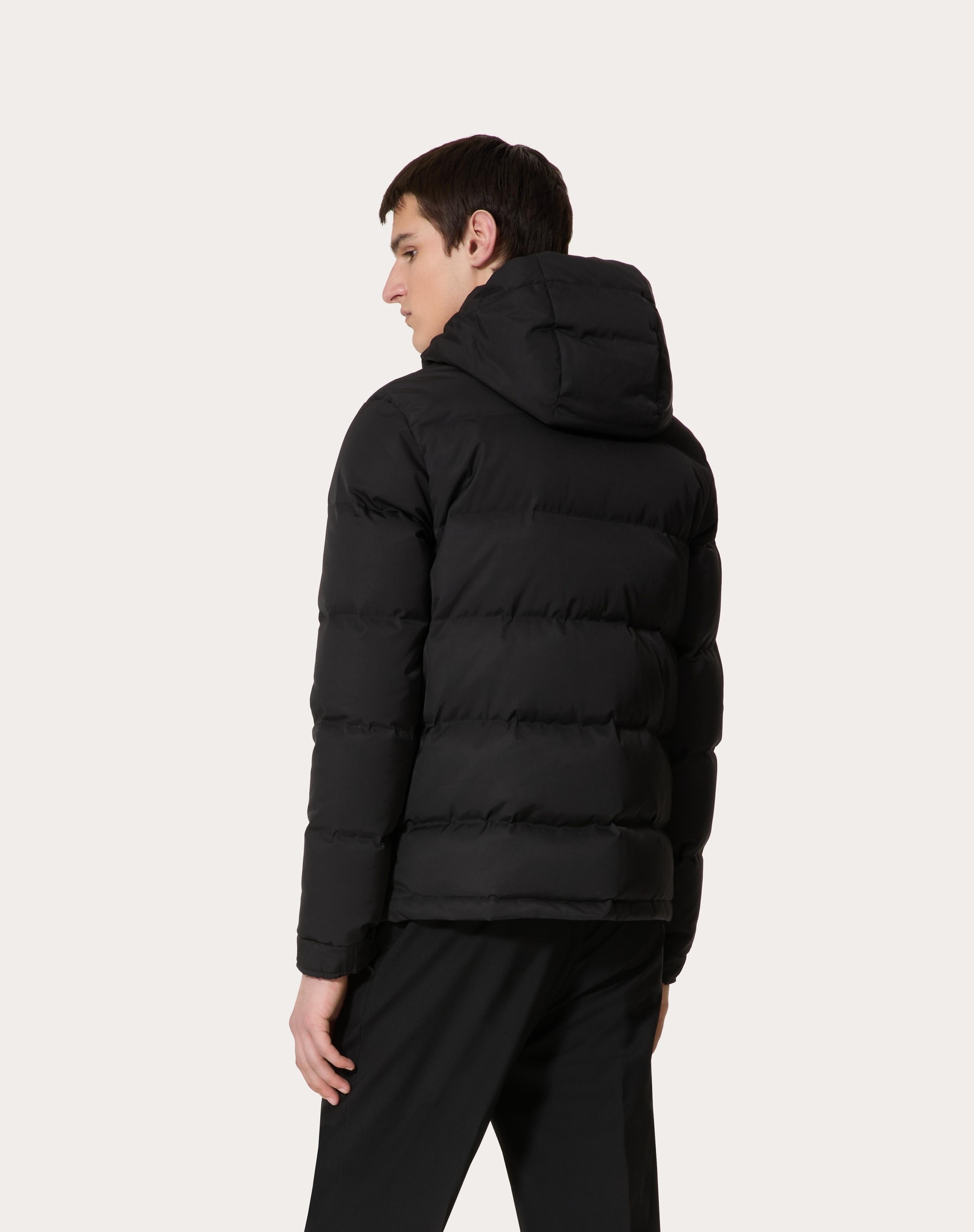 NYLON HOODED DOWN JACKET WITH LEATHER PATCH AND VLOGO SIGNATURE - 4