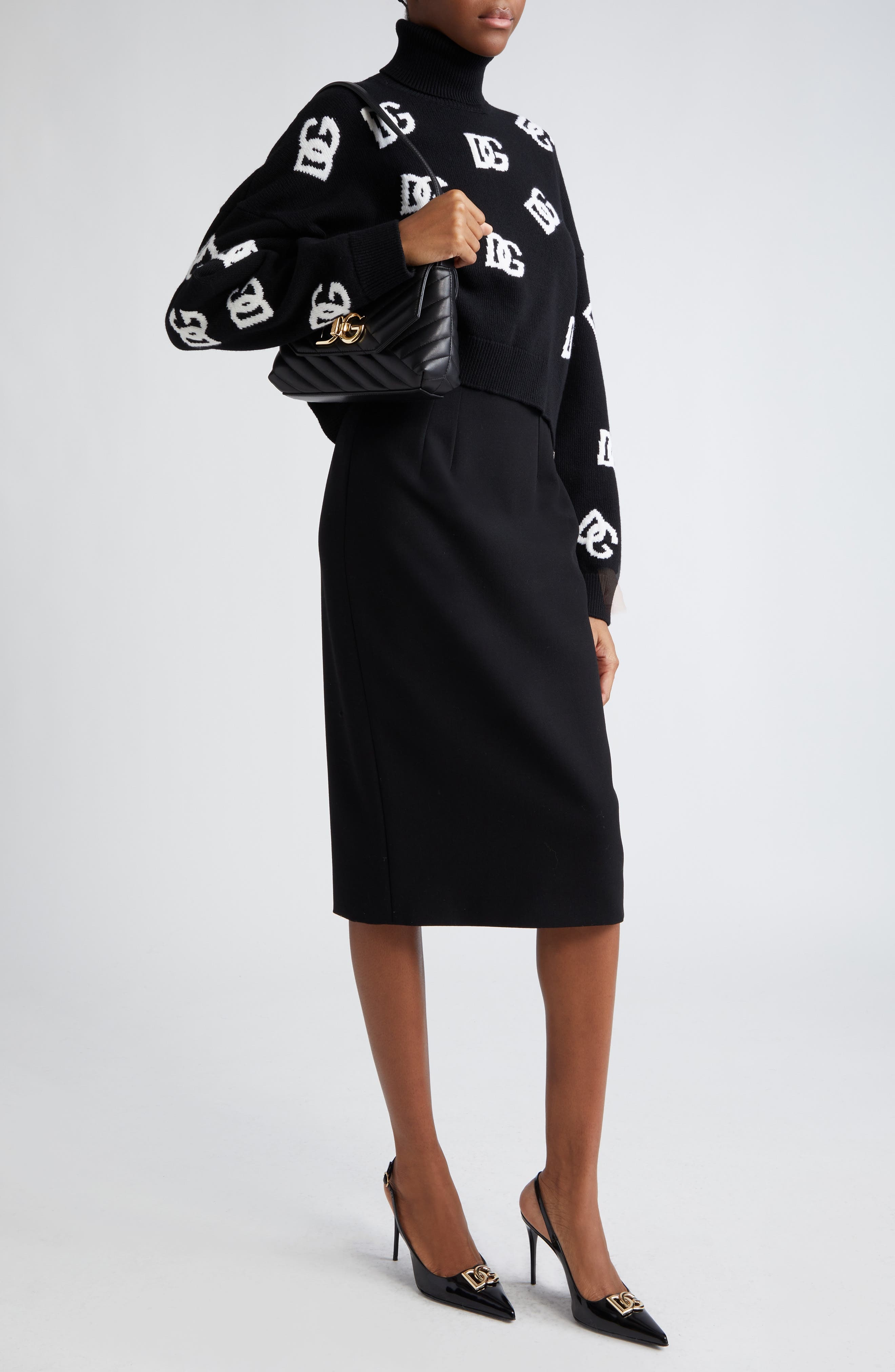 Dolce&Gabbana Logo Intarsia Crop Virgin Wool Turtleneck Sweater in Nero/Bianco at Nordstrom - 2
