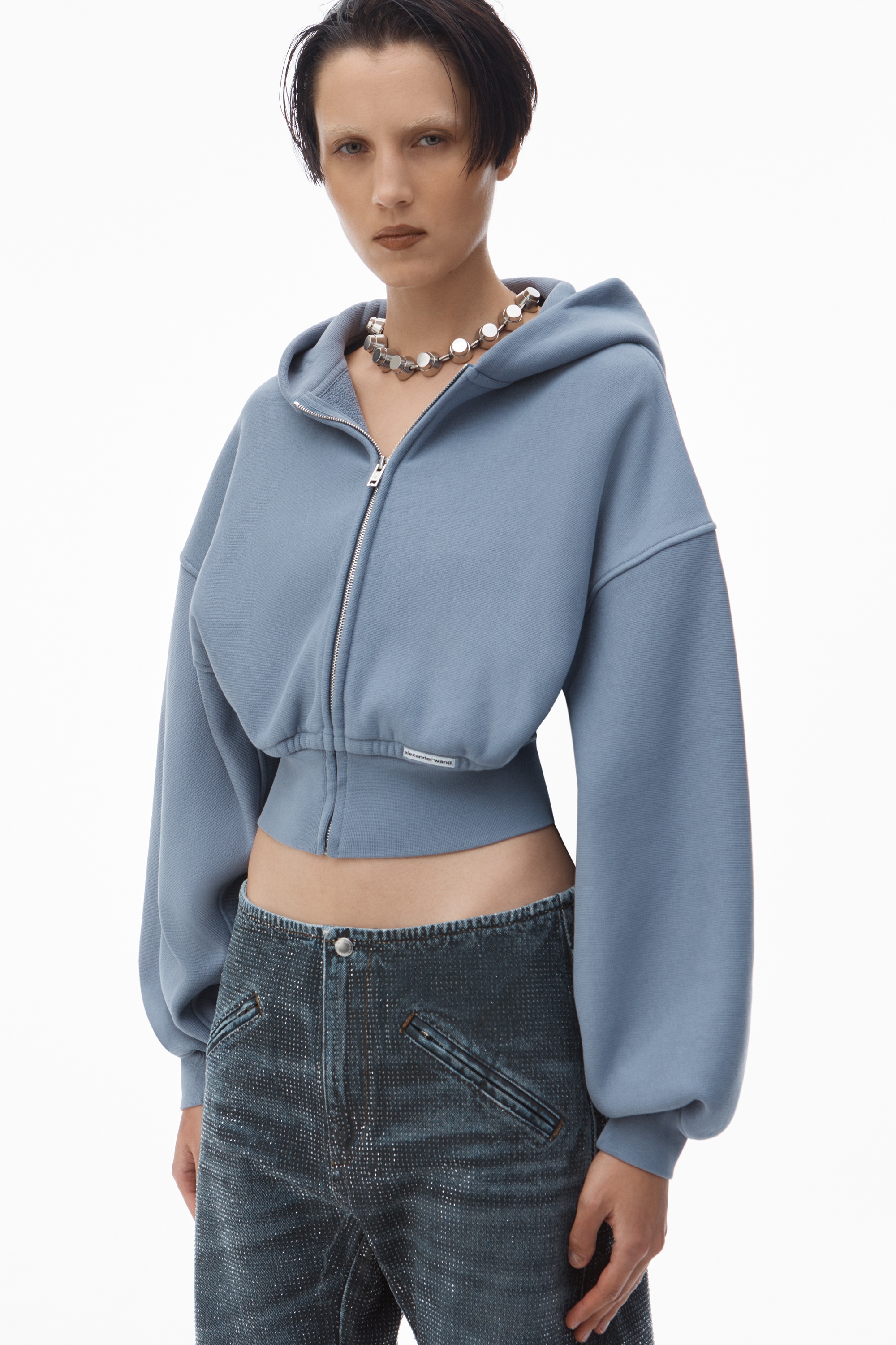 cropped zip up hoodie in classic cotton terry - 3