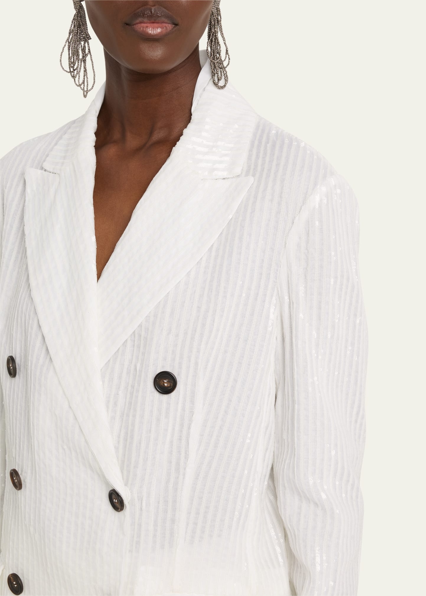 Sequined Stripe Double-Breasted Organza Jacket - 5