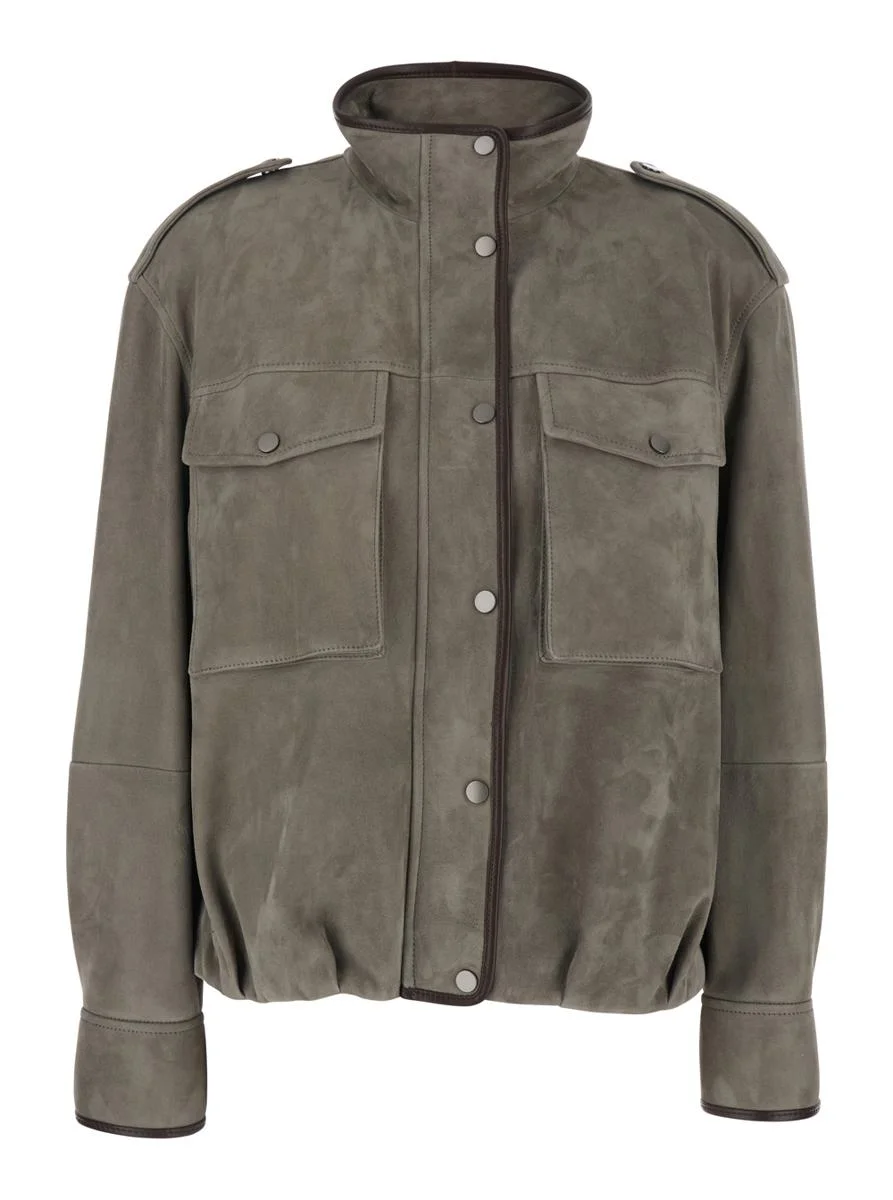 Brunello Cucinelli Faded Green Jacket With High Neck And Front Patch Pockets In Suede Woman - 1