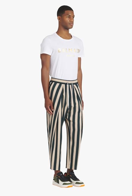 Sand-colored and dark green striped eco-designed cotton pleated pants - 7