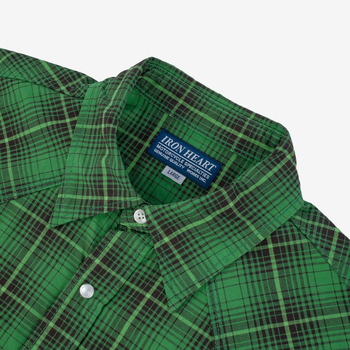 IHSH-386-GRN 5oz Selvedge Short Sleeved Western Shirt - Green Vintage Check - 6