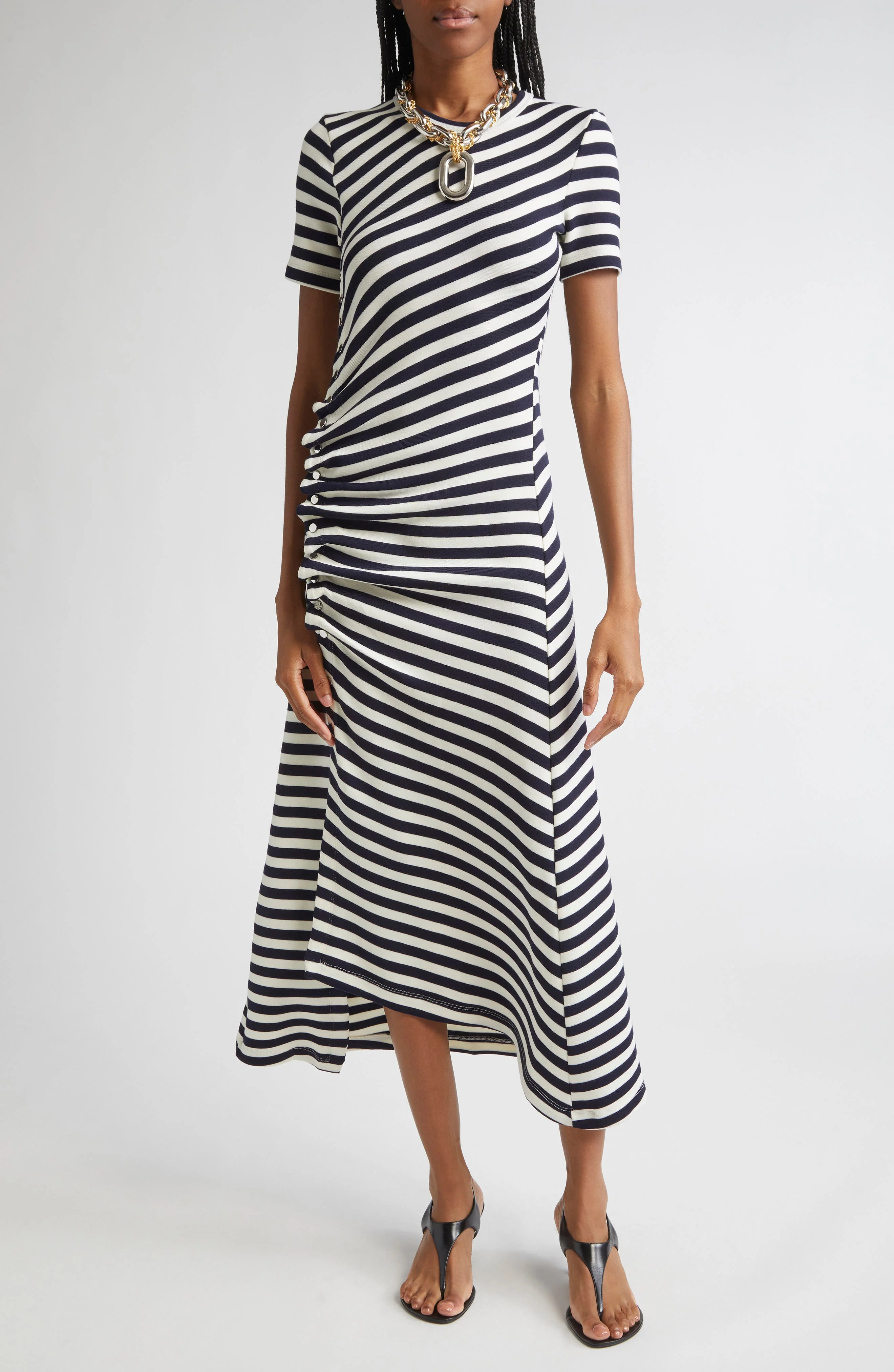 Rabanne Draped Stretch Virgin Wool Midi Dress in Navy /Cream at Nordstrom - 1