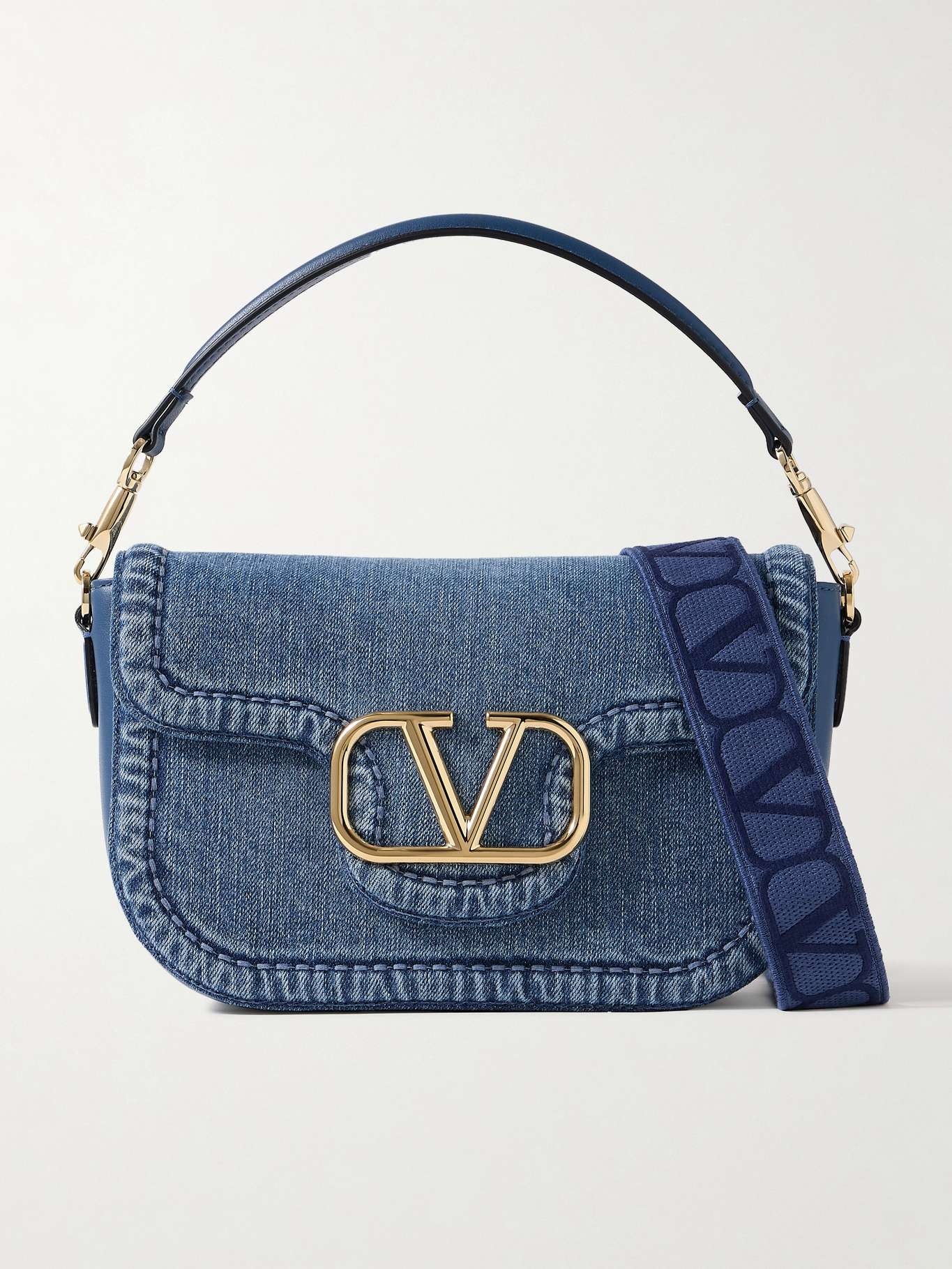 VLOGO embellished denim and leather shoulder bag - 1