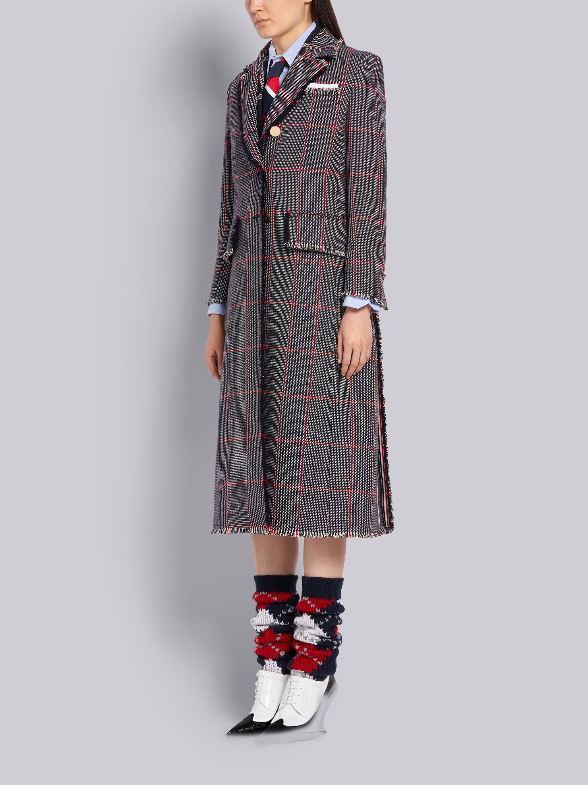 Tricolor Oversized Check Hunting Wool Tweed Frayed Wide Lapel Overcoat - 2